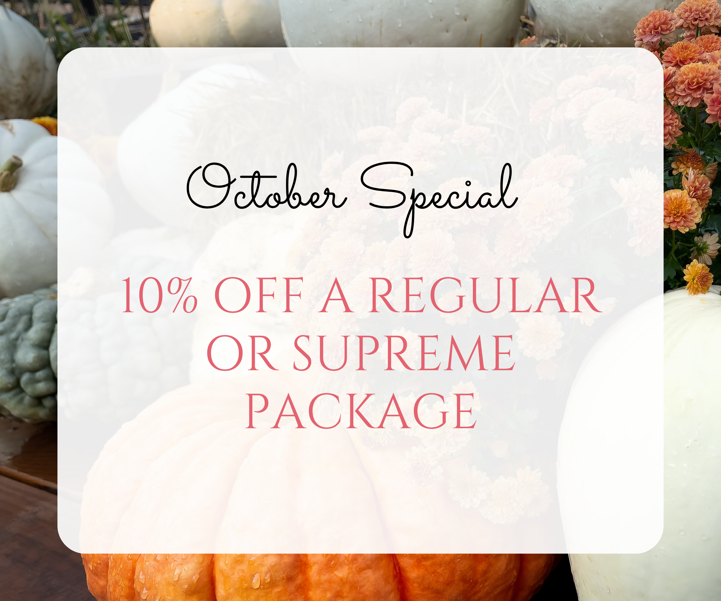 October Special: 10% off a regular or supreme package from Flower Walls Las Vegas, featuring an elegant fall pumpkin and floral display.