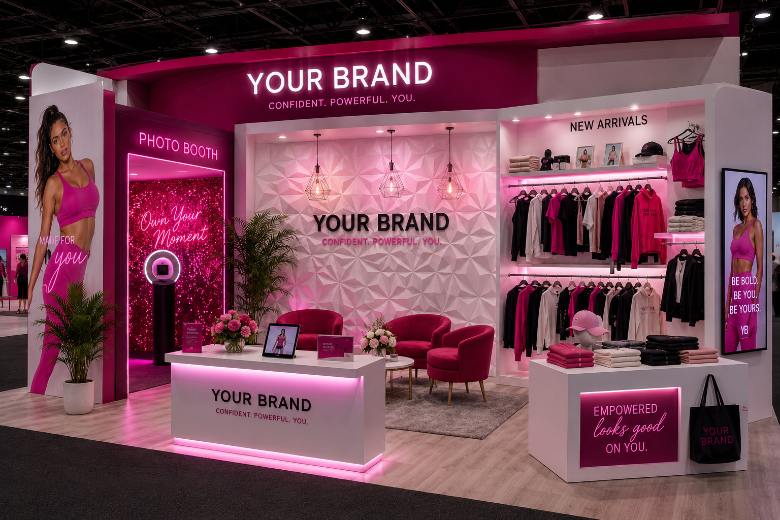trade show and convention booth design services women's clothing workout wear athletic wear brand flower walls las Vegas