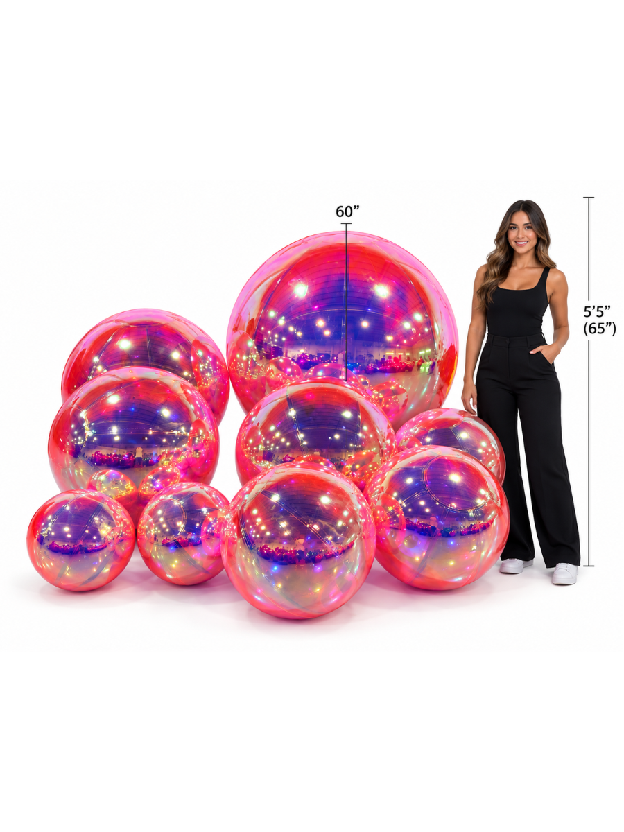 Giant Iridescent Pink Metallic Spheres event decor rental in Las Vegas