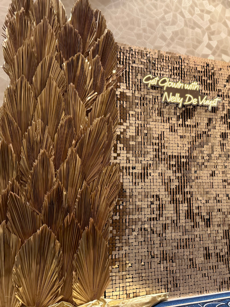 gold palm leaf backdrop dried florals dried leaves shimmer wall flower walls Las Vegas