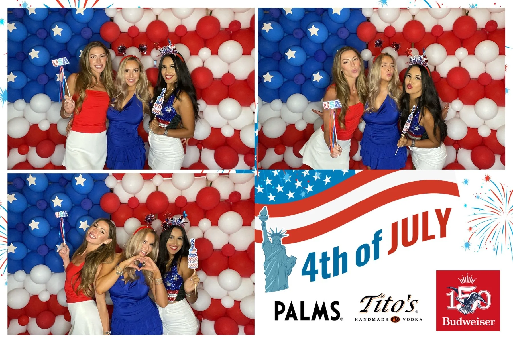 Custom Fourth of July balloon wall and photo booth backdrop by Flower Walls Las Vegas at Palms Las Vegas. Guests pose in front of a red, white, and blue organic balloon installation with branded event graphics for Tito's Handmade Vodka and Budweiser 