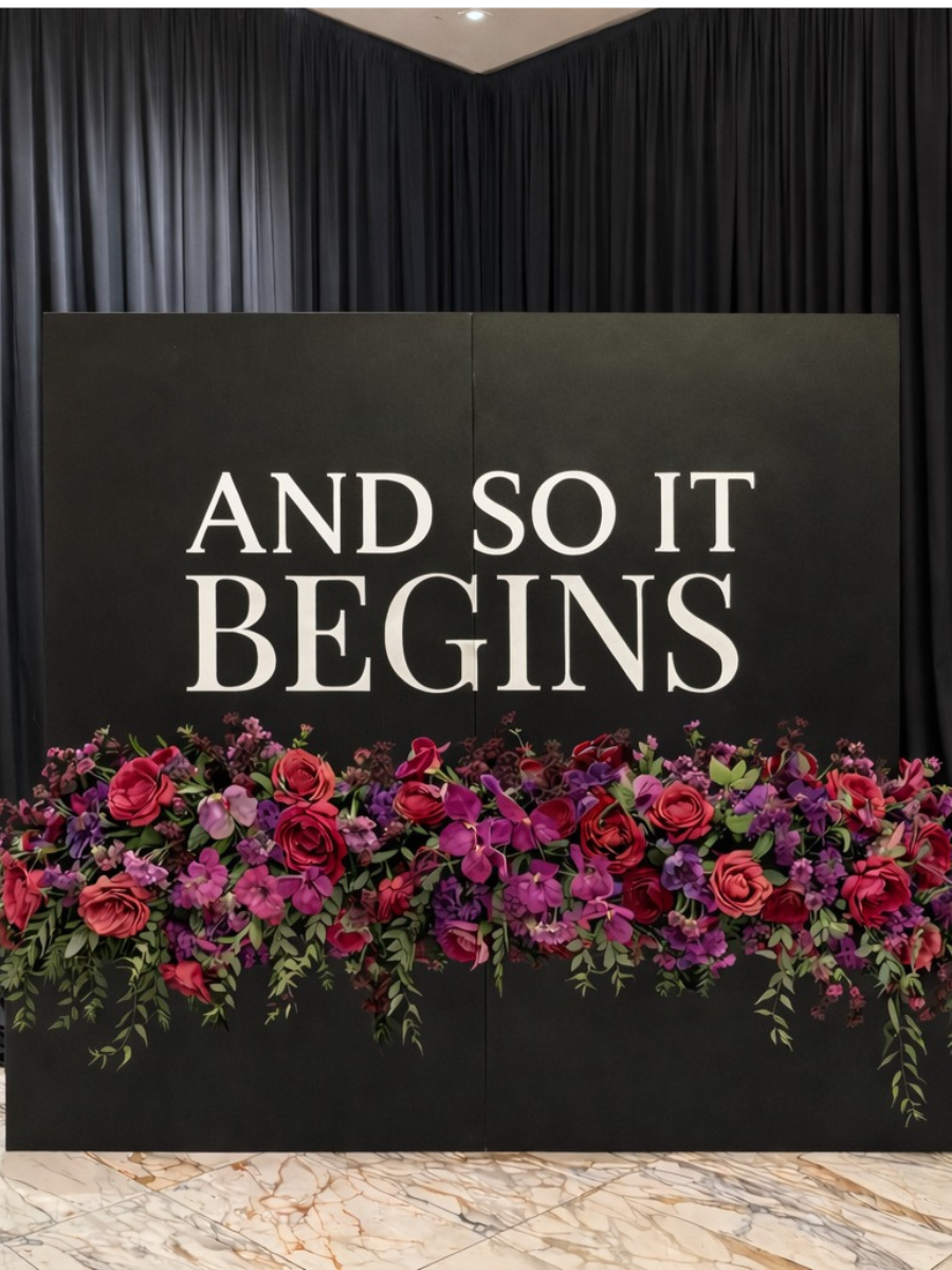 8ft x 8ft wooden planter box with decal and flowers wedding backdrop flower walls Las Vegas party rentals Las Vegas