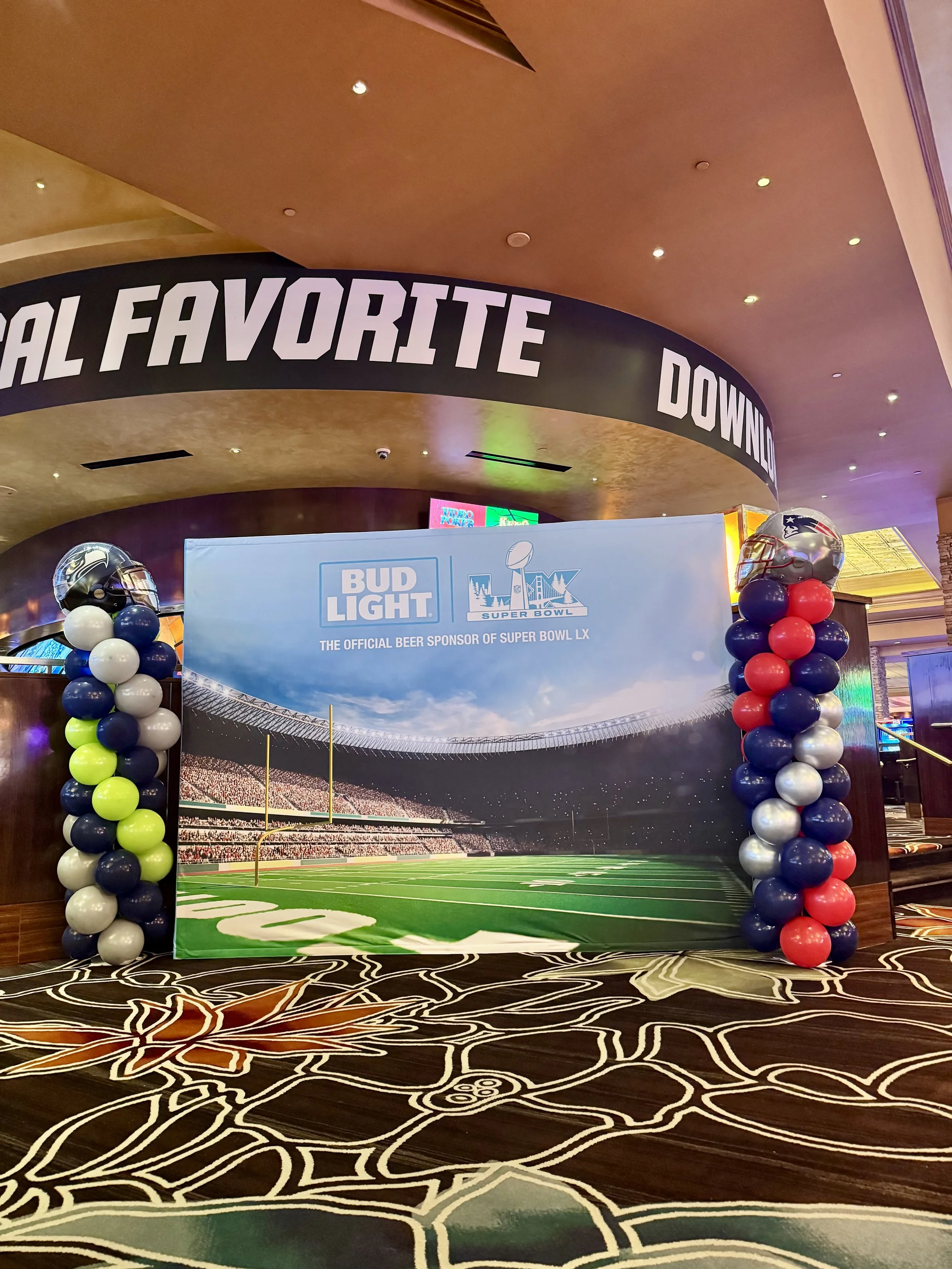 classic spiral balloon column Super Bowl station casino Las Vegas flower walls Las Vegas