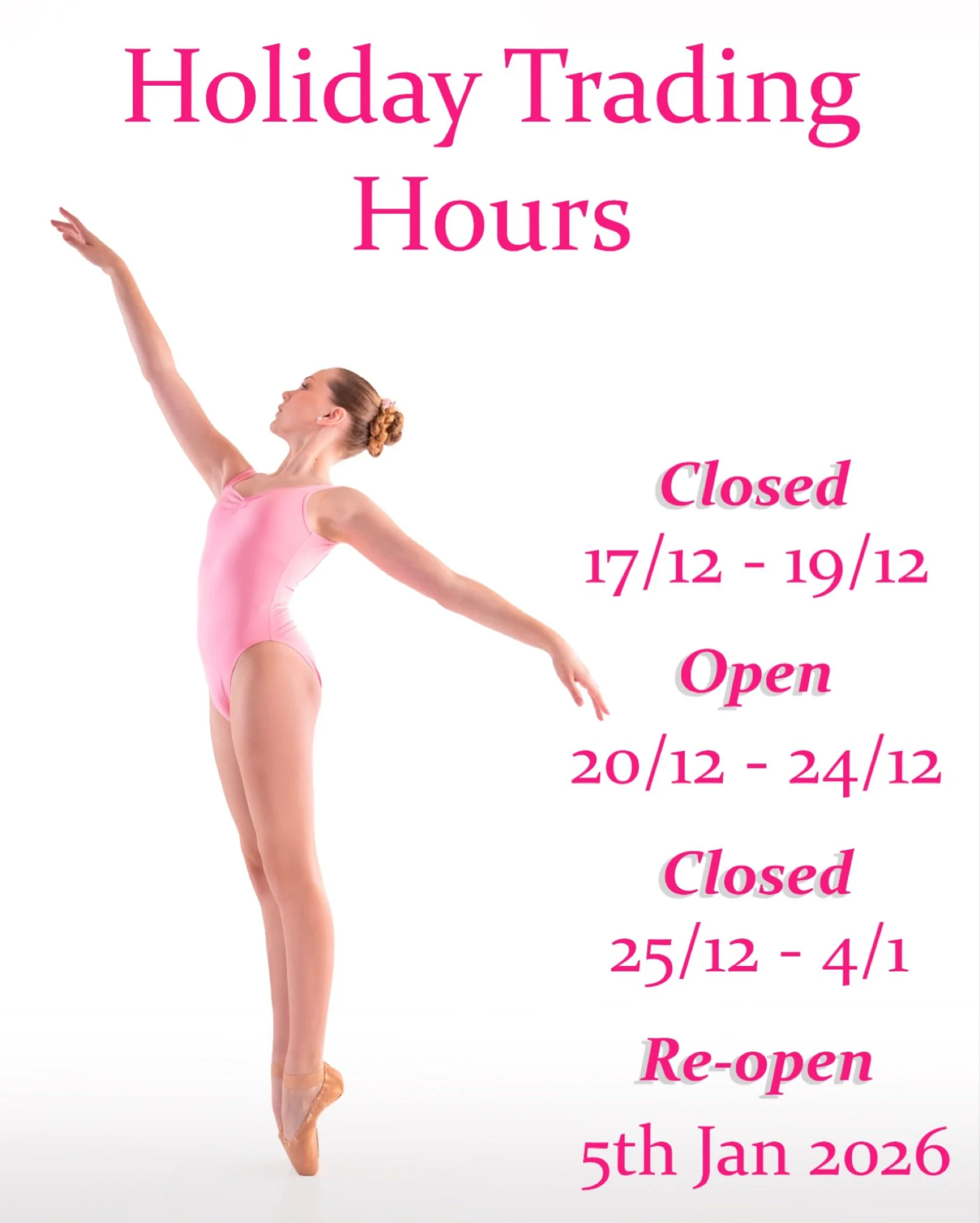 Danse Boutique Holidays Hours 🩰
We&rsquo;ll be taking a short pause over the holiday season as we prepare for some exciting changes!
🎁 CLOSED 17th - 19th Dec 
🎁 OPEN 20th - 24th Dec
🎁 CLOSED 25th Dec - 4th Jan
🎁 RE-OPENING 5th January 2026