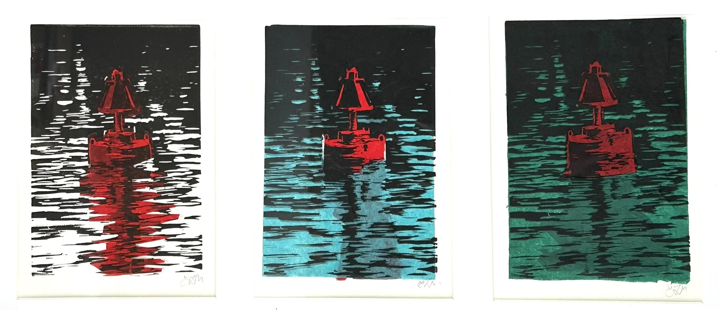 Red Buoy Triptych | Woodblock Print/Chine Collé | 12 x 22 | 300.