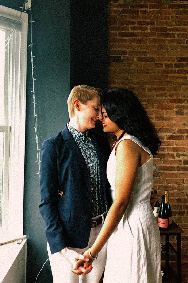 Newlywed couple leaning in for a kissing in Washington DC Shawnee Custalow Queer Wedding Photography