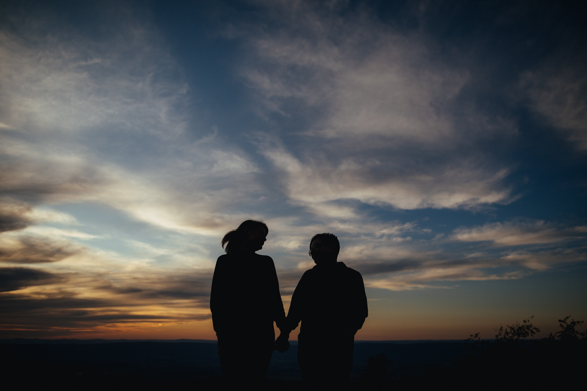 Silhouette of a couple holding hands against the sunset in RVA Shawnee Custalow Queer Wedding Photography