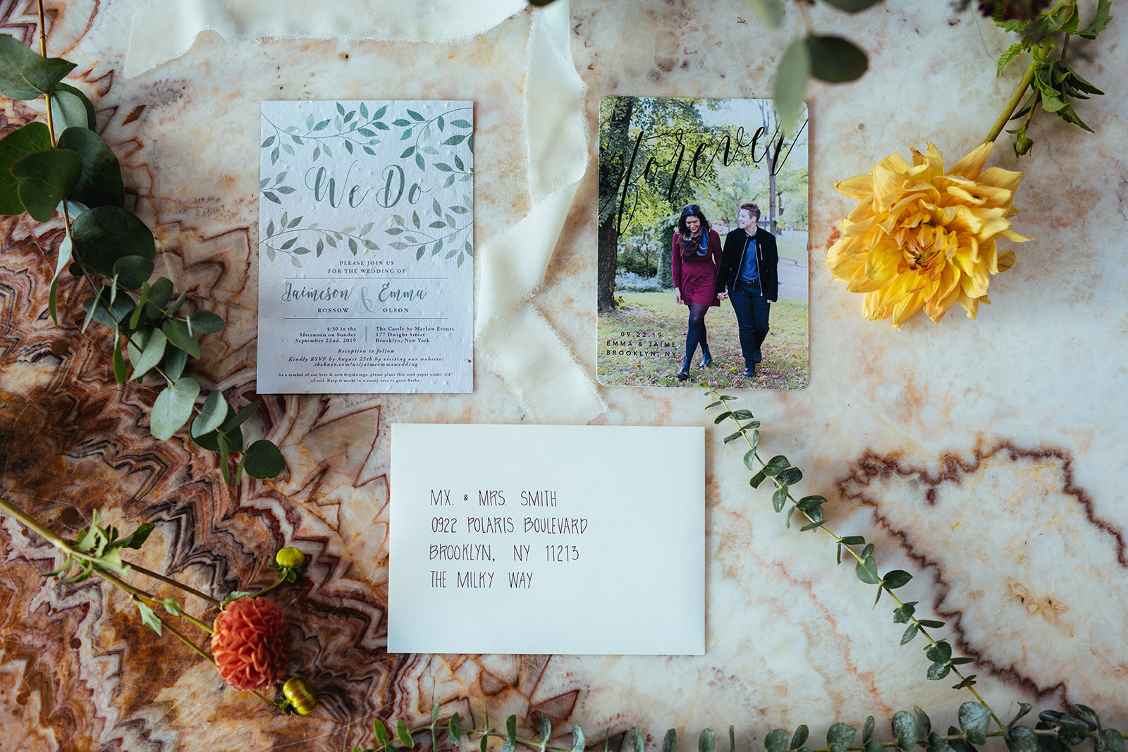 Wedding stationary including engagement photo and envelope in Red Hook Brooklyn Shawnee Custalow Queer Wedding Photographer