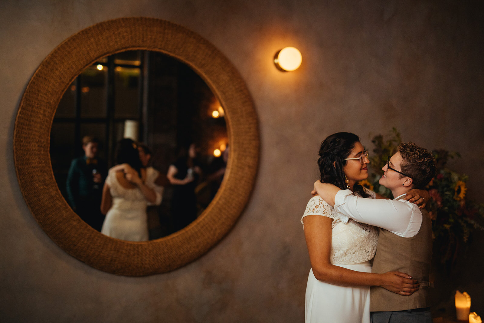 Newlywed dancing at their reception at Marlow Events Red Hook Brooklyn Shawnee Custalow Queer Wedding Photographer