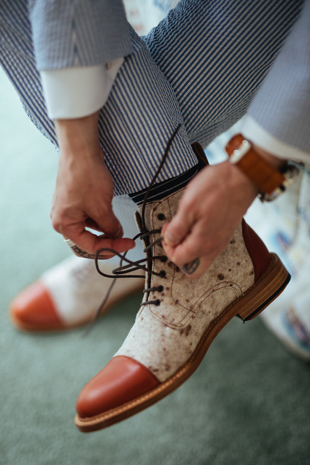 Future spouse lacing dress shoes Annapolis wedding MD Shawnee Custalow Photography