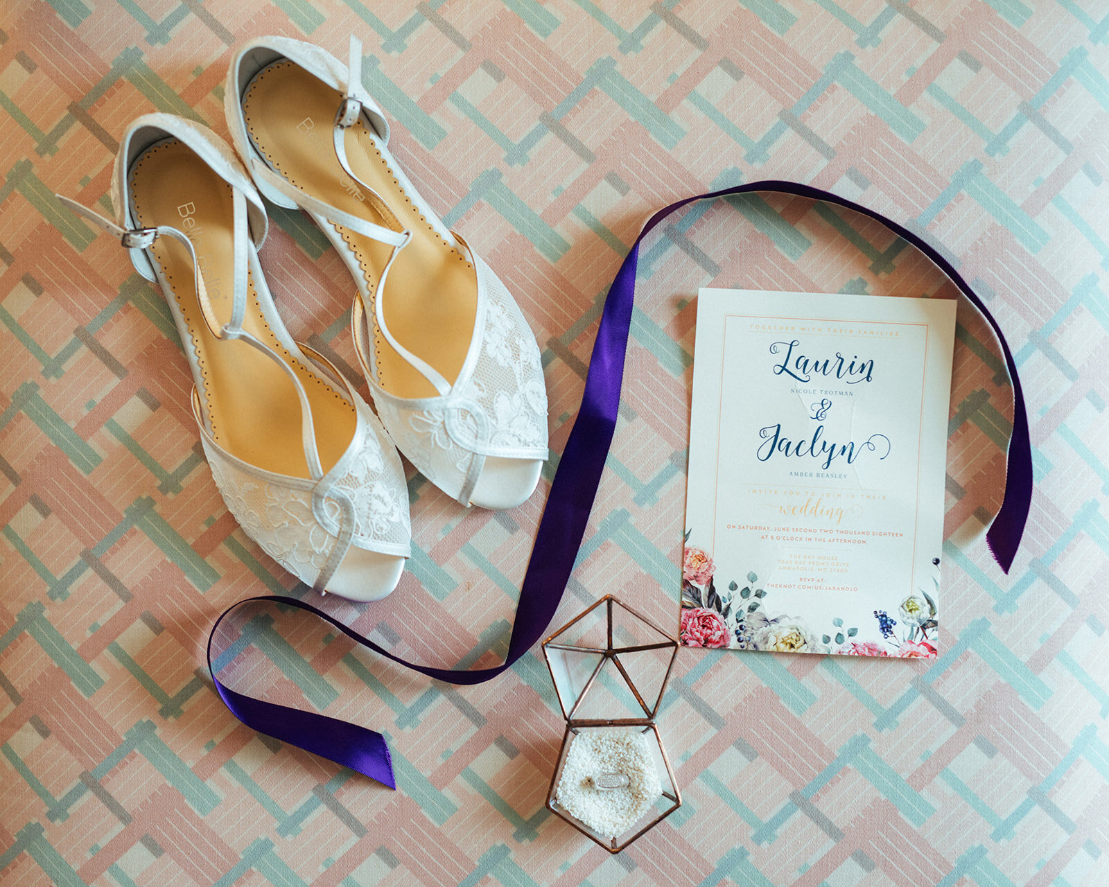 White shoes wedding stationery and a ring box in Annapolis MD Shawnee Custalow photography