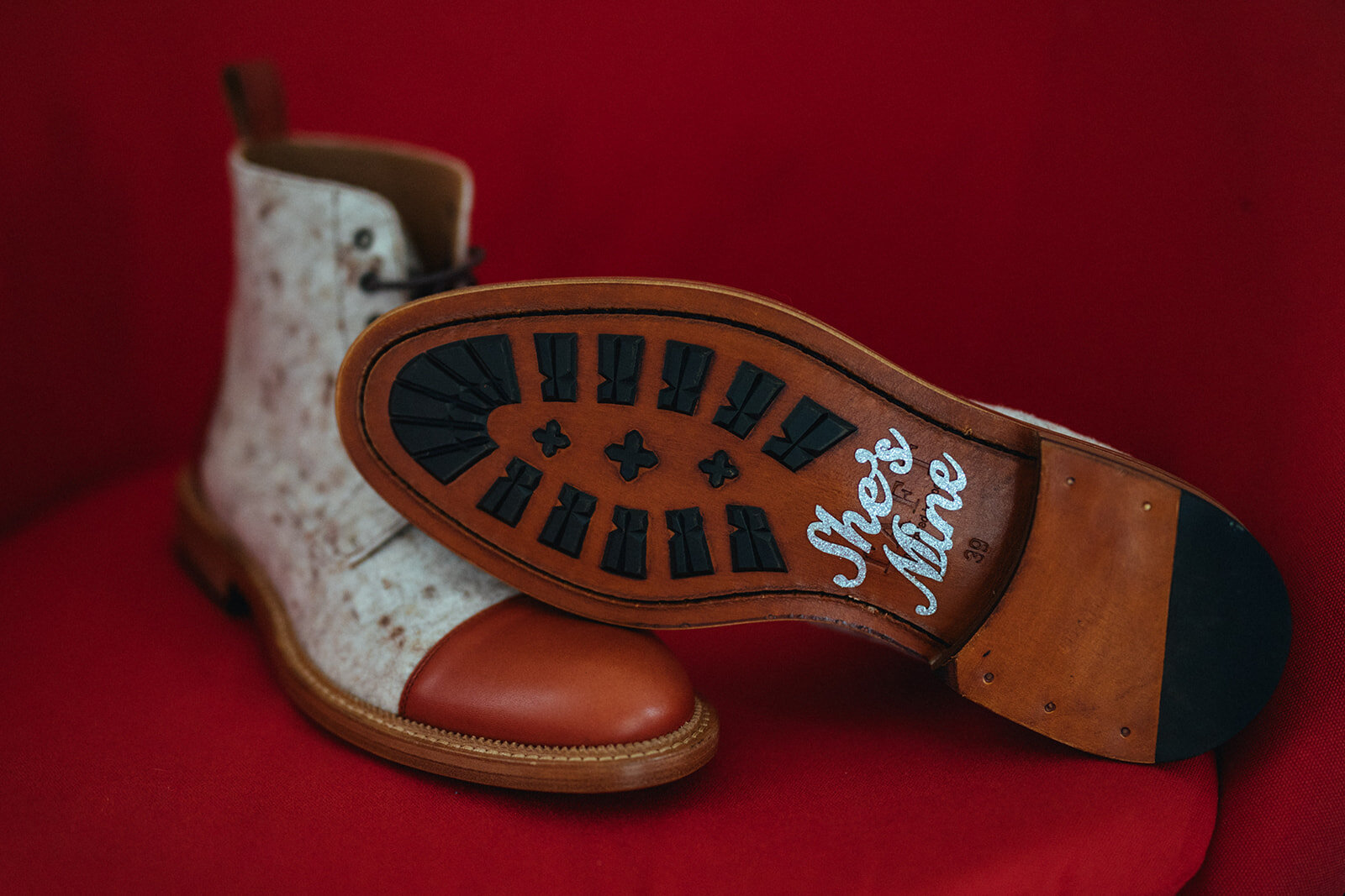 Dress shoes with Shes Mine inscription in Annapolis MD Shawnee Custalow Wedding Photography