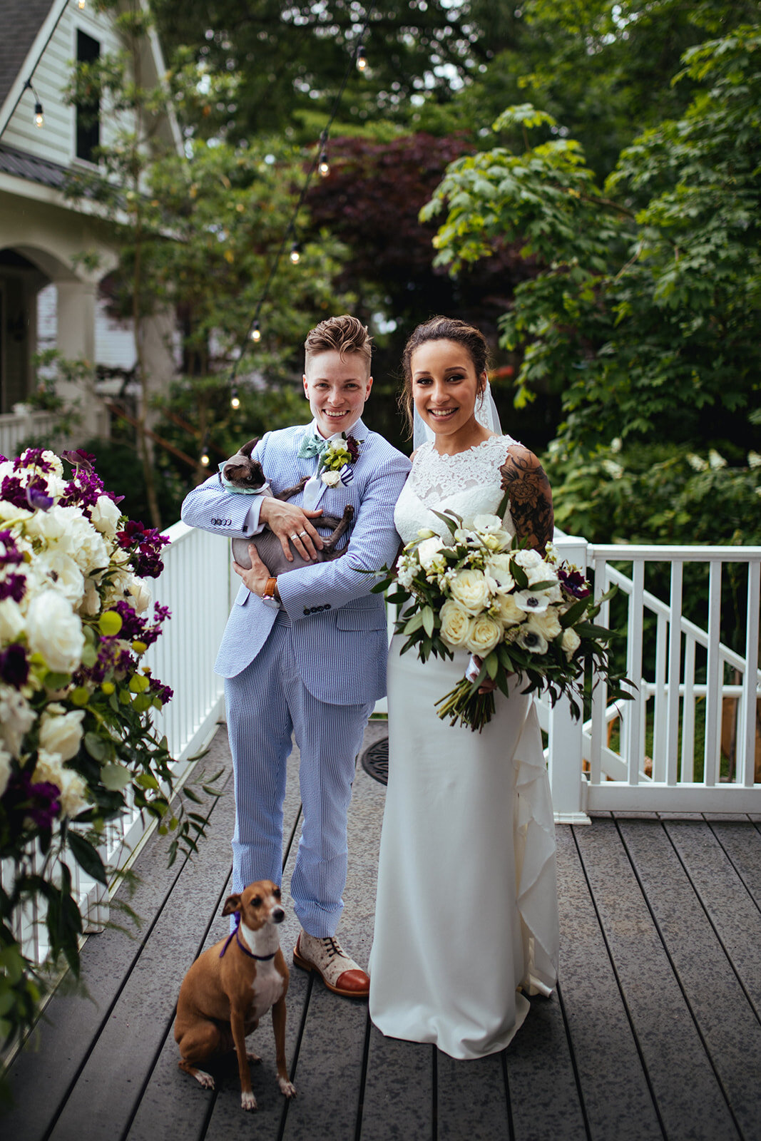 Newlyweds with pet dog and cat in Annapolis MD Shawnee Custalow Queer Wedding Photography