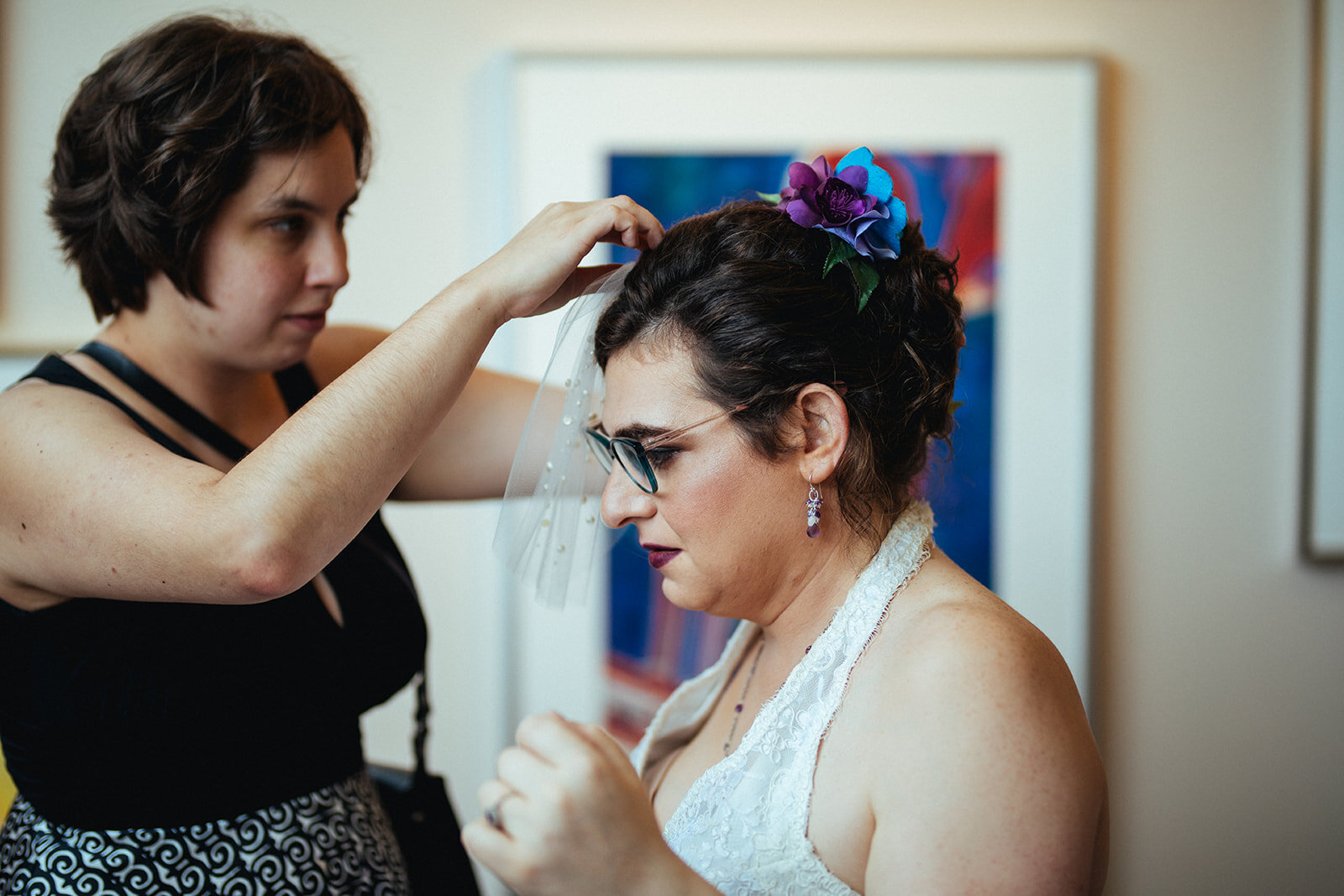 LGBTQ bride getting her hair done at Torpedo Factory Alexandria VA Shawnee Custalow Wedding Photography
