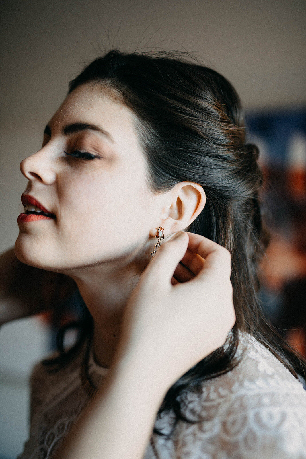 Portrait of bride with her eyes closed in Brooklyn NYC Shawnee Custalow wedding photography