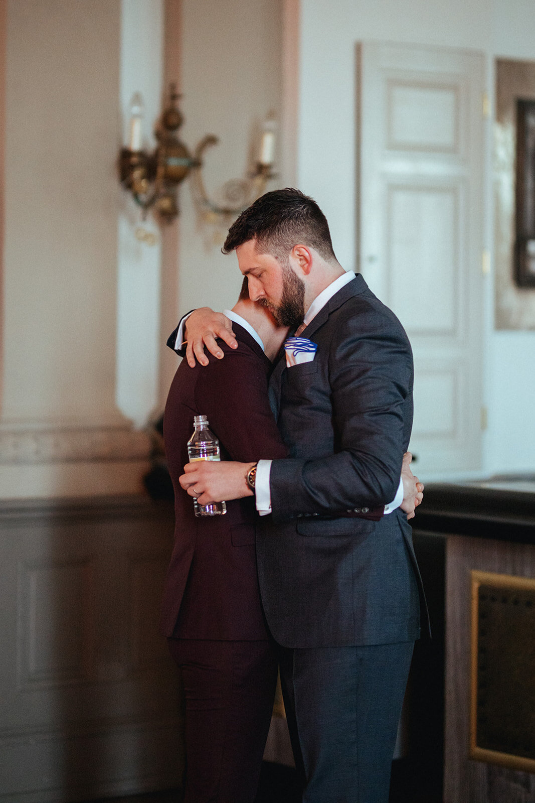 LGBTQ couple hugging before getting married at German Society of PA Shawnee Custalow wedding Photography