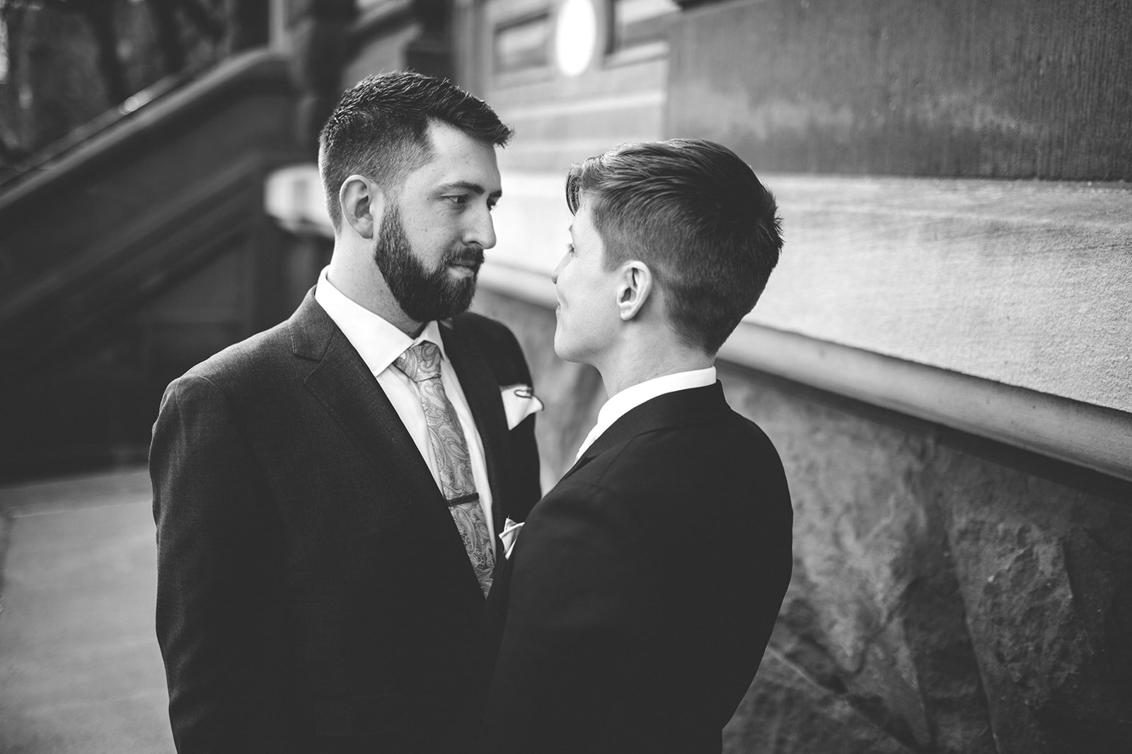 Newlyweds looking at each other outside German Society of PA Shawnee Custalow photography