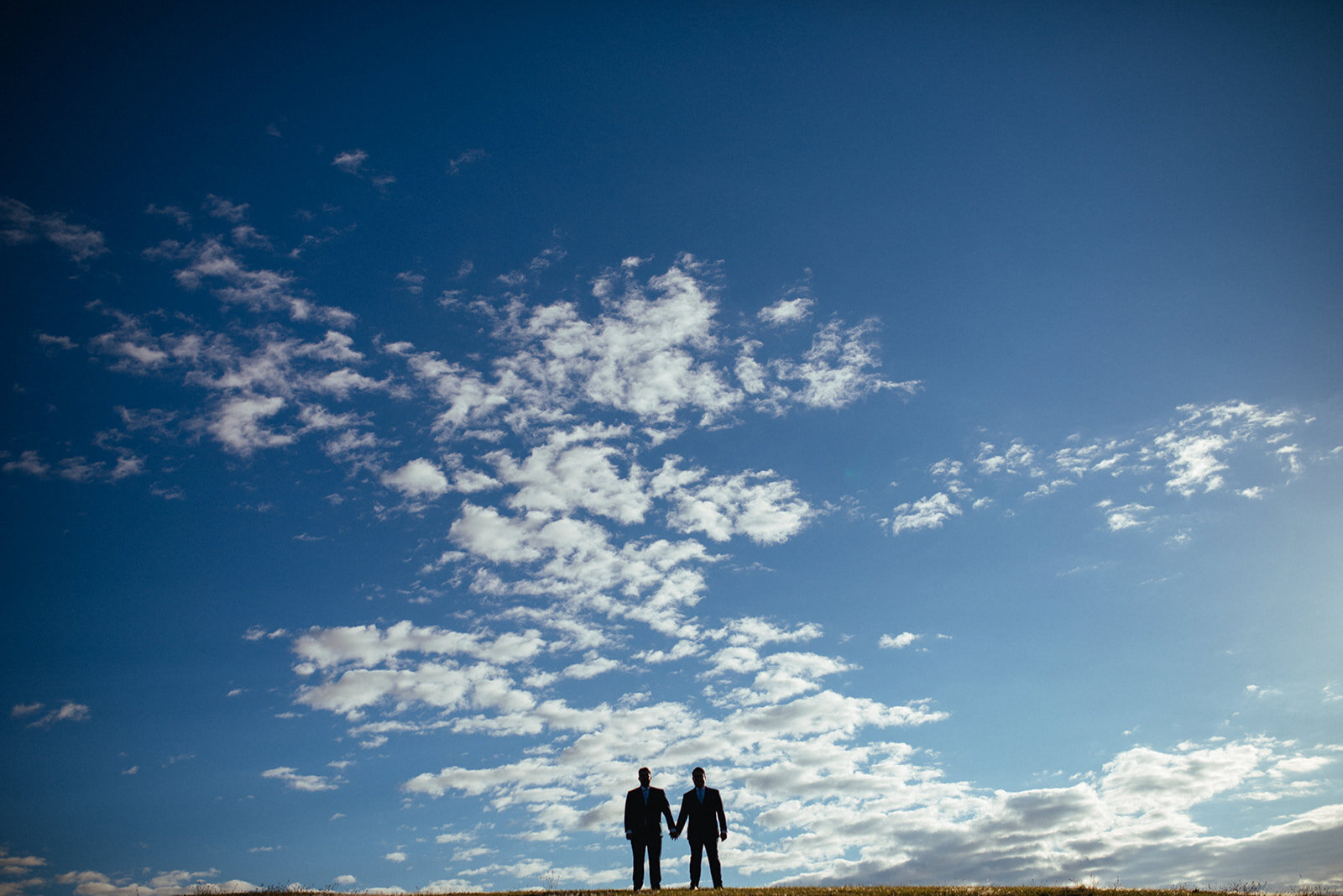 Silhouette of grooms holding hands against the sky on Peaks Island Portland ME Shawnee Custalow photography