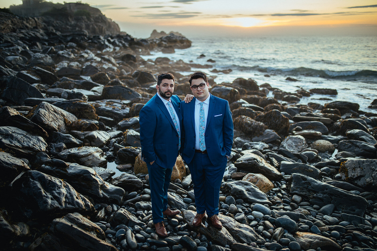 Future spouses in matching suits before sunrise on Peaks Island Portland ME Shawnee Custalow photography