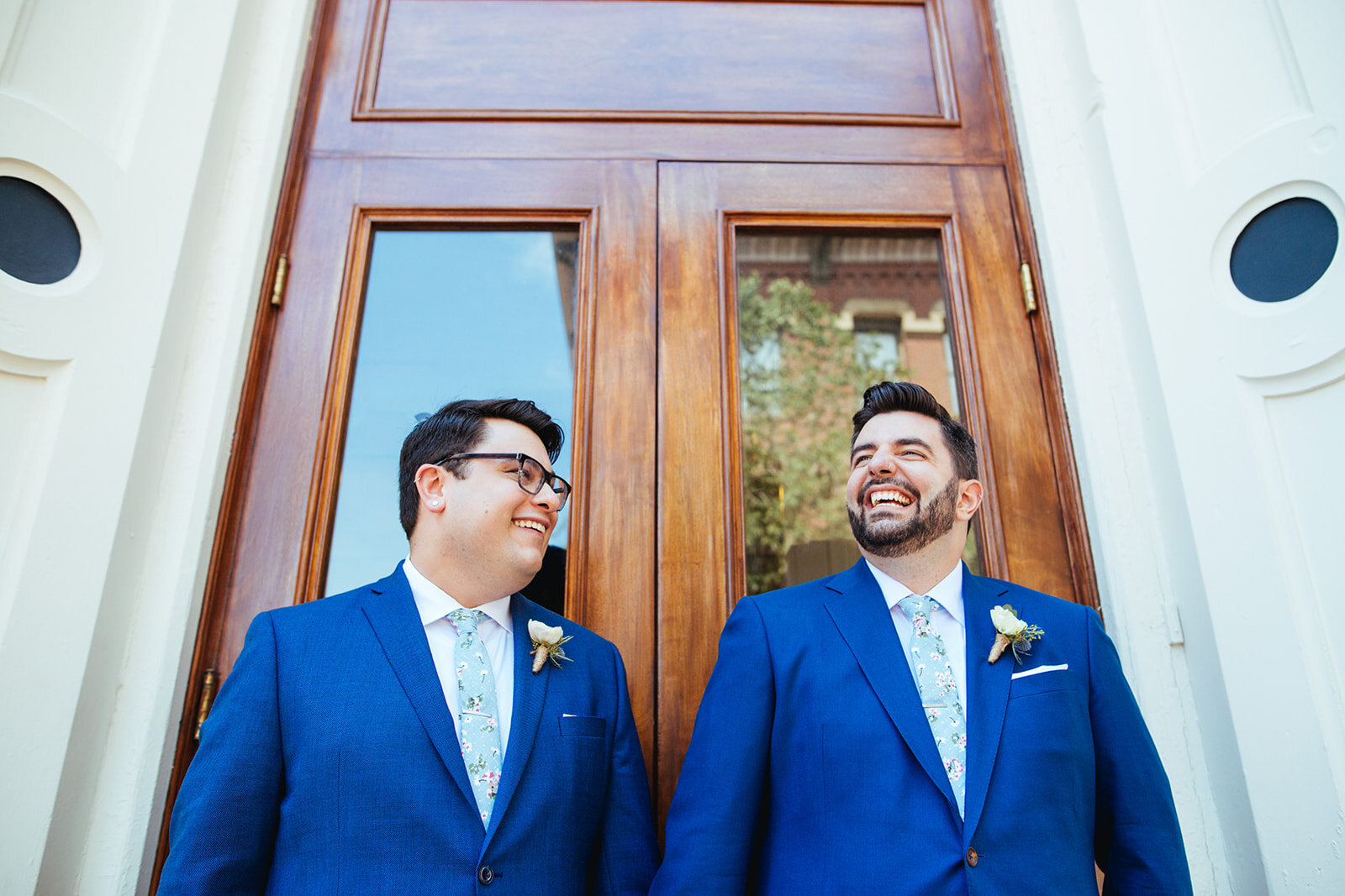 Same Sex couple in matching suits on their wedding day in Portland ME Shawnee Custalow photography