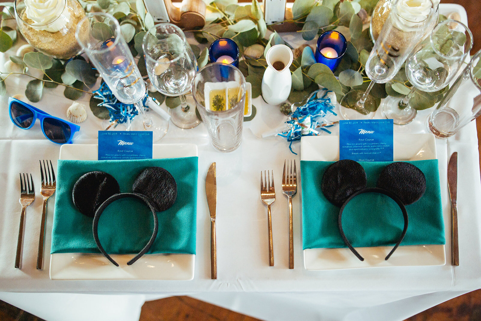 Dining table set with mickey mouse ears in Portland ME Shawnee Custalow Queer wedding photography