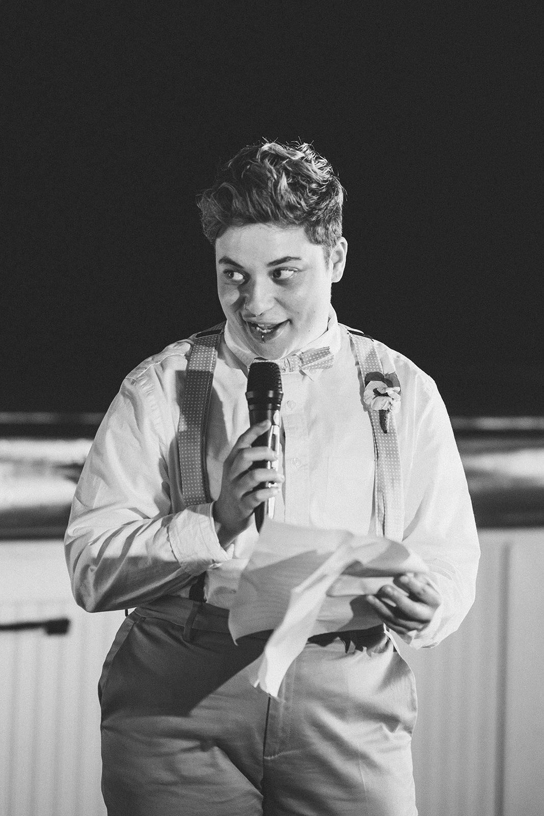 Honor attendant giving a speech in Portland ME Shawnee Custalow Queer wedding photography