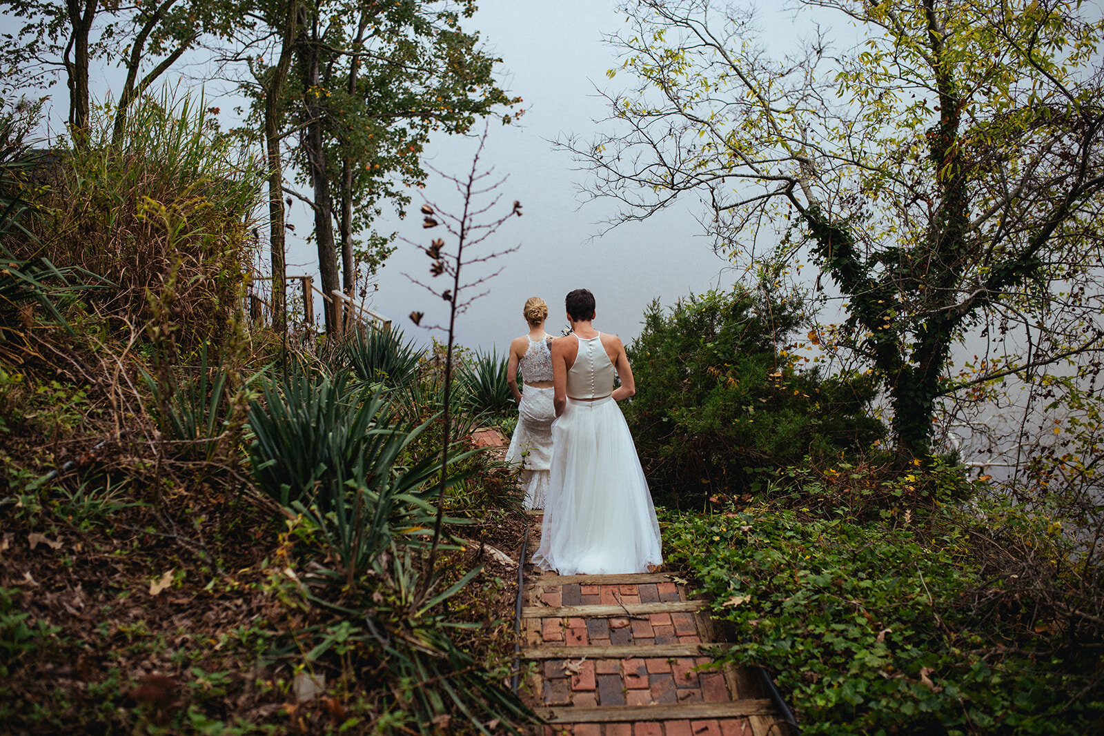 Newlyweds walking to a central VA lake Shawnee Custalow photography