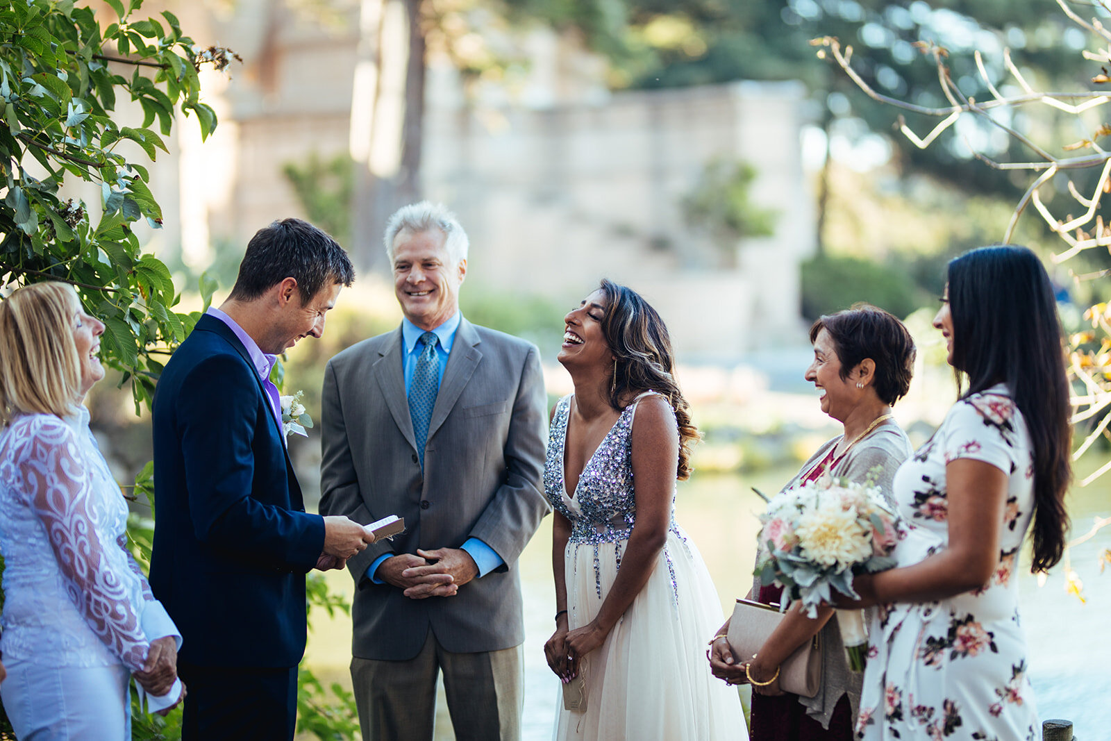 Bride laughing at the Palace of Fine Arts San Francisco Shawnee Custalow