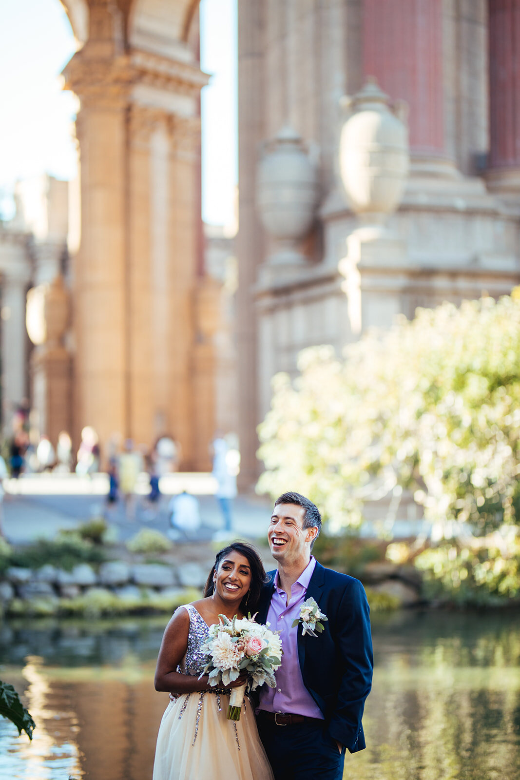Smiling newlyweds at the Palace of Fine Arts CA Shawnee Custalow Photography