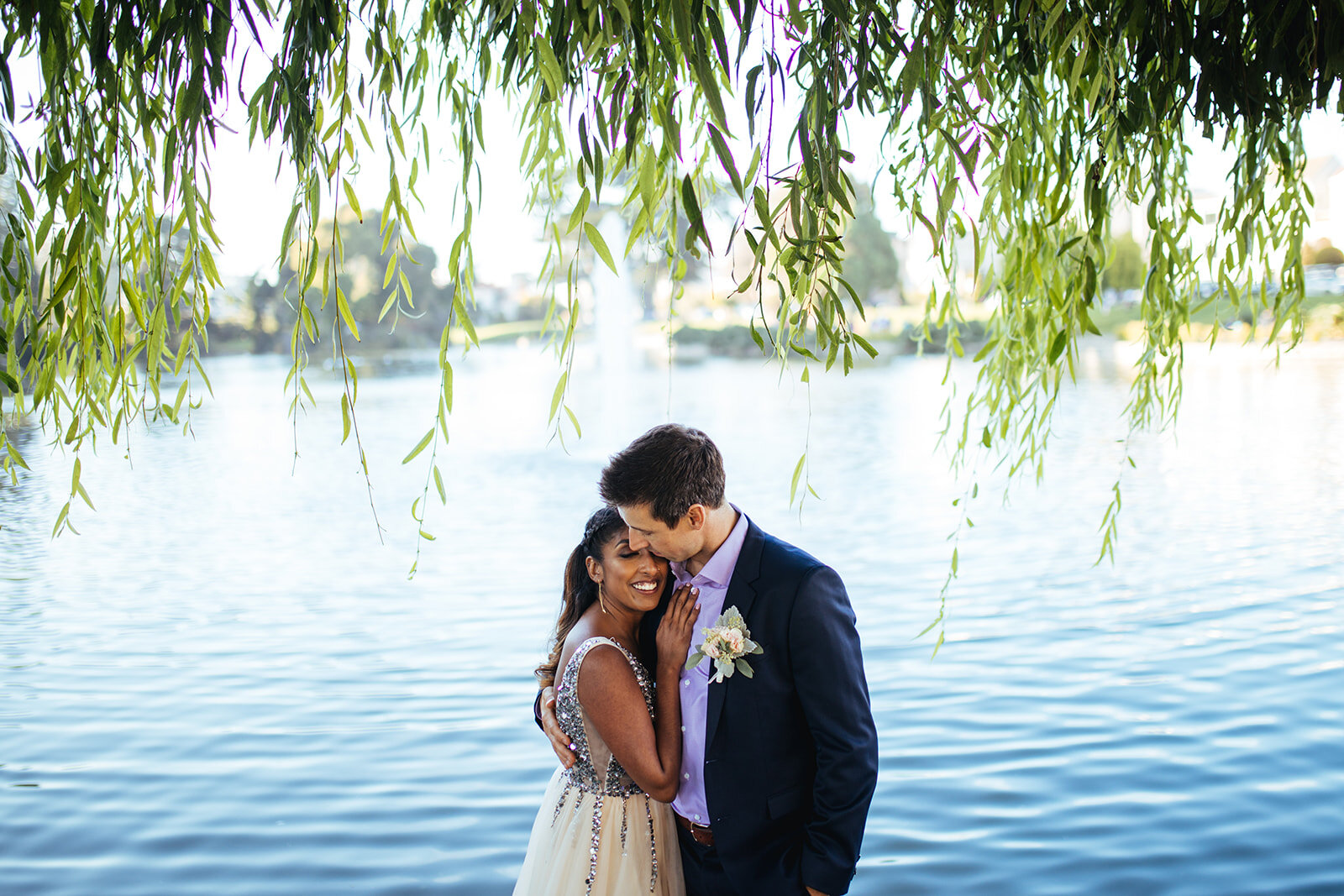 Newlyweds embracing in San Francisco Shawnee Custalow Queer Wedding photography