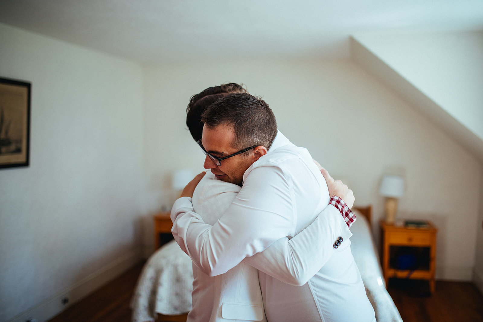 Future spouse hugging guest in Cape Cod Shawnee Custalow photography