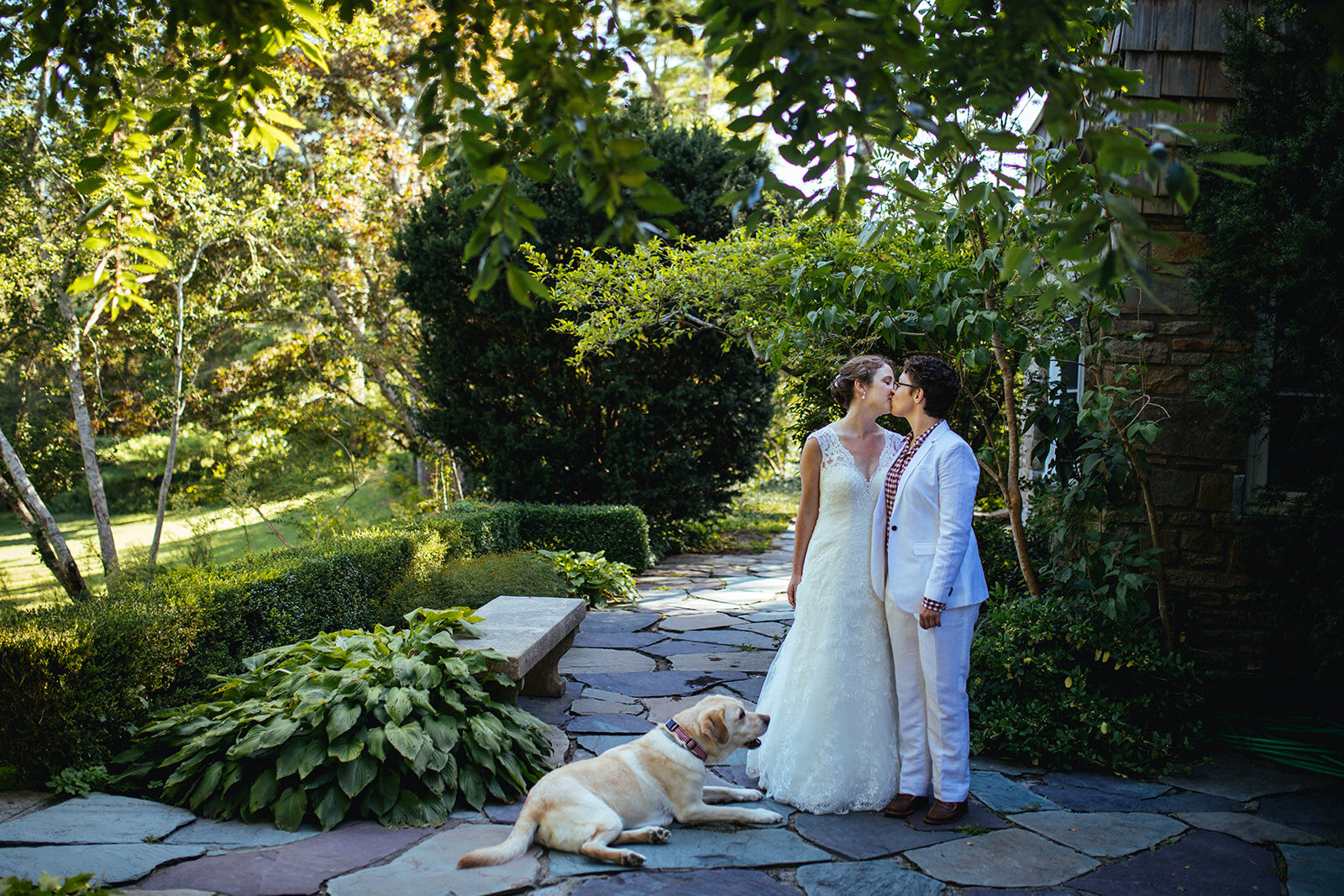 Newlyweds kissing in Cape Cod Shawnee Custalow wedding photographer