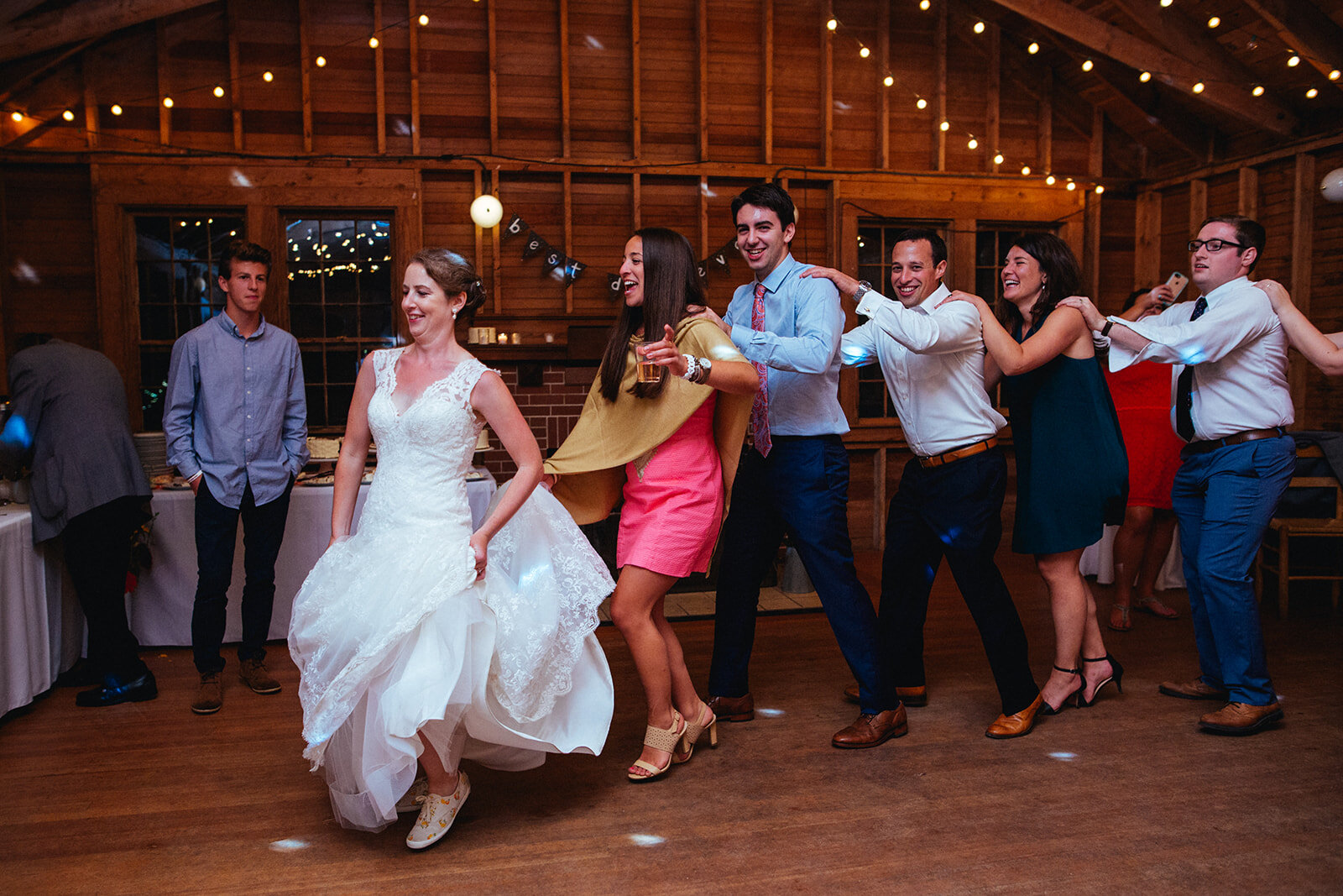 Newlywed and guests dancing in Cape Cod Shawnee Custalow photography