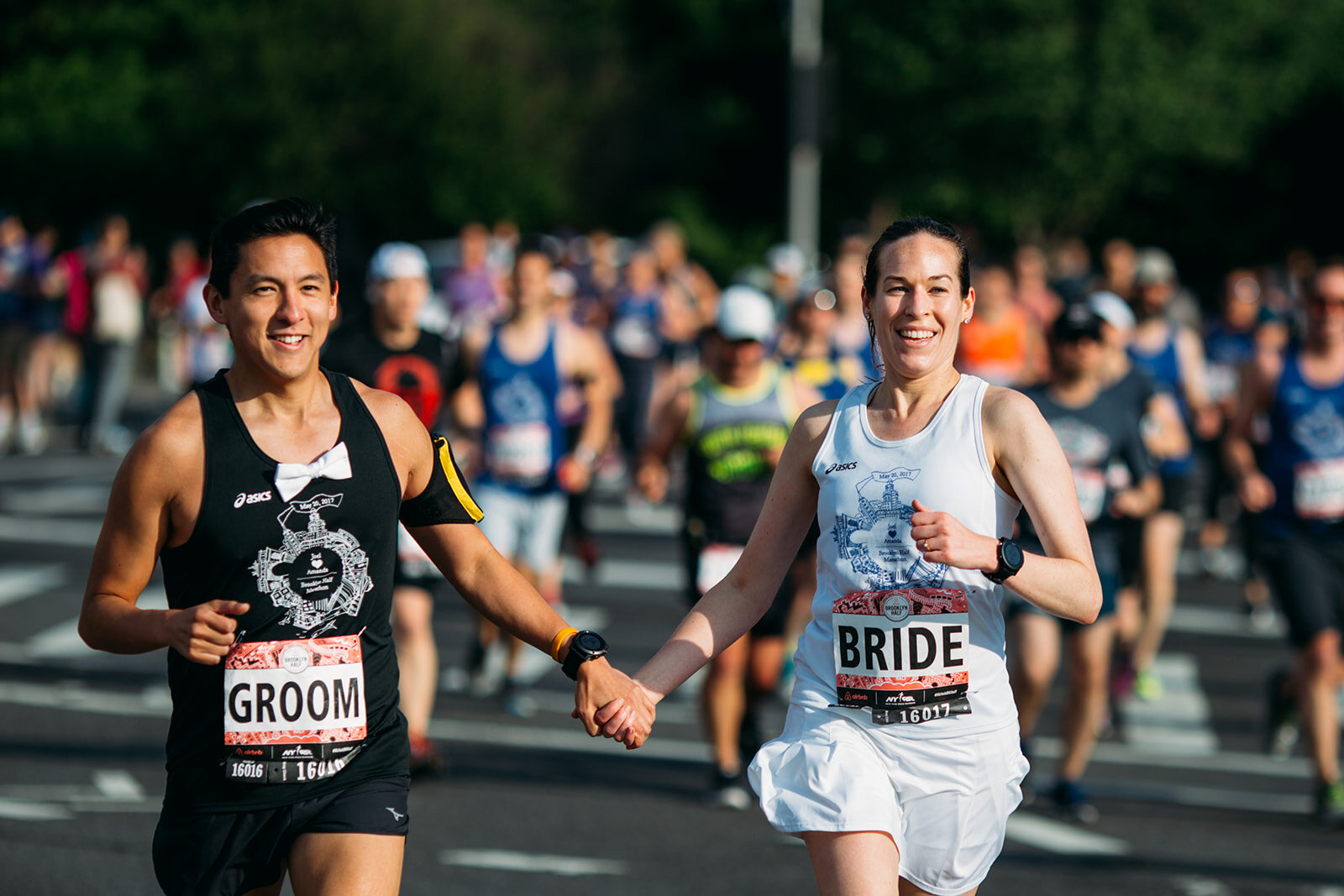 Couple running in the Brooklyn Half Marathon NYC Shawnee Custalow wedding photography