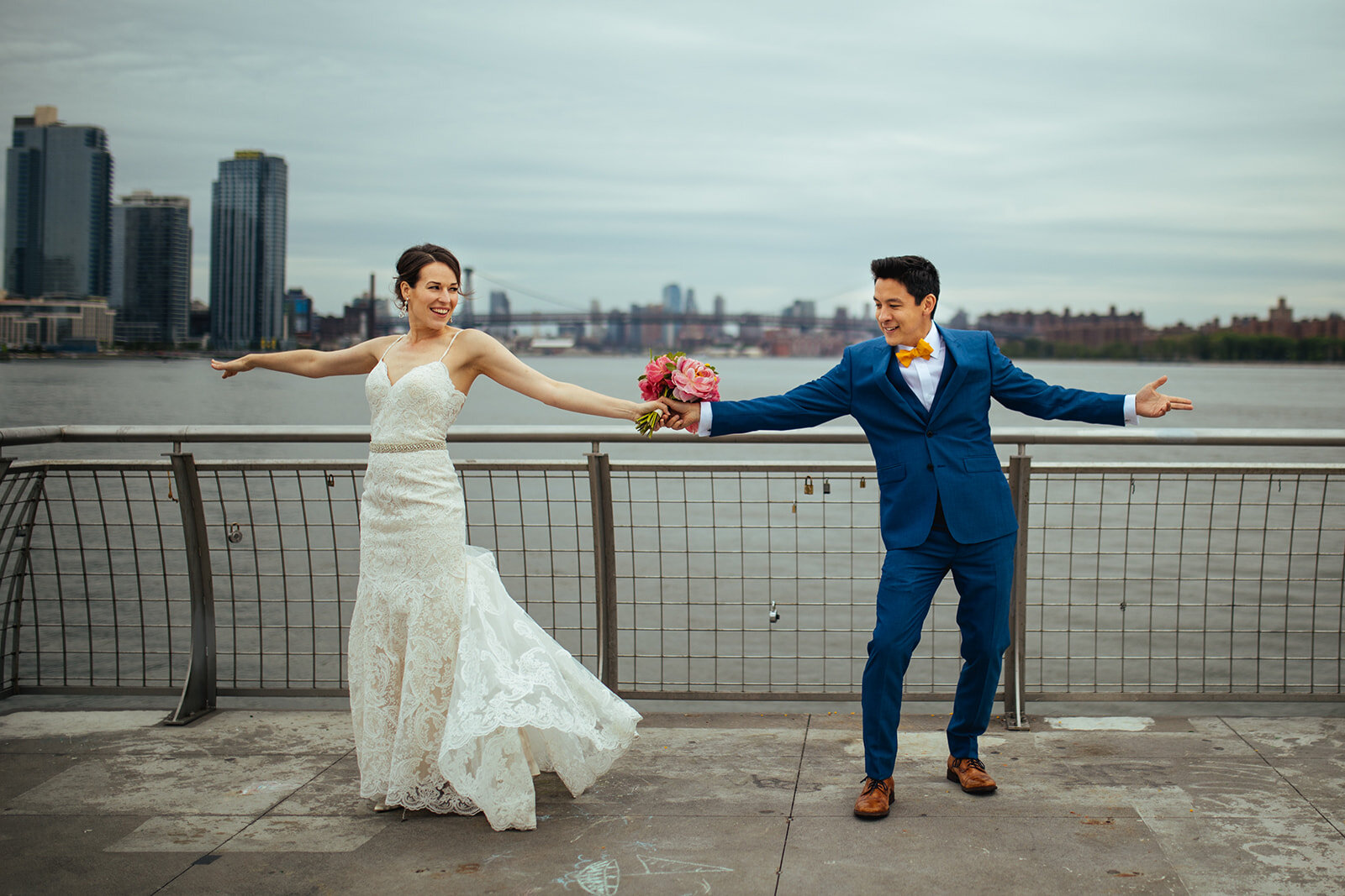Bride and groom dancing by the Hudson River NYC Shawnee Custalow wedding photography