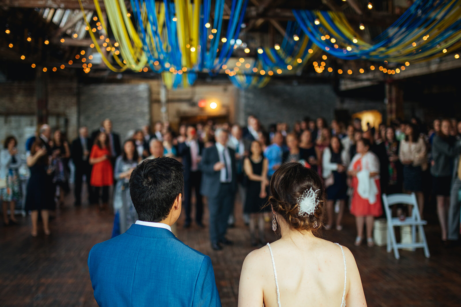 Bride and groom at reception in the Greenpoint Loft Brooklyn NYC Shawnee Custalow photography