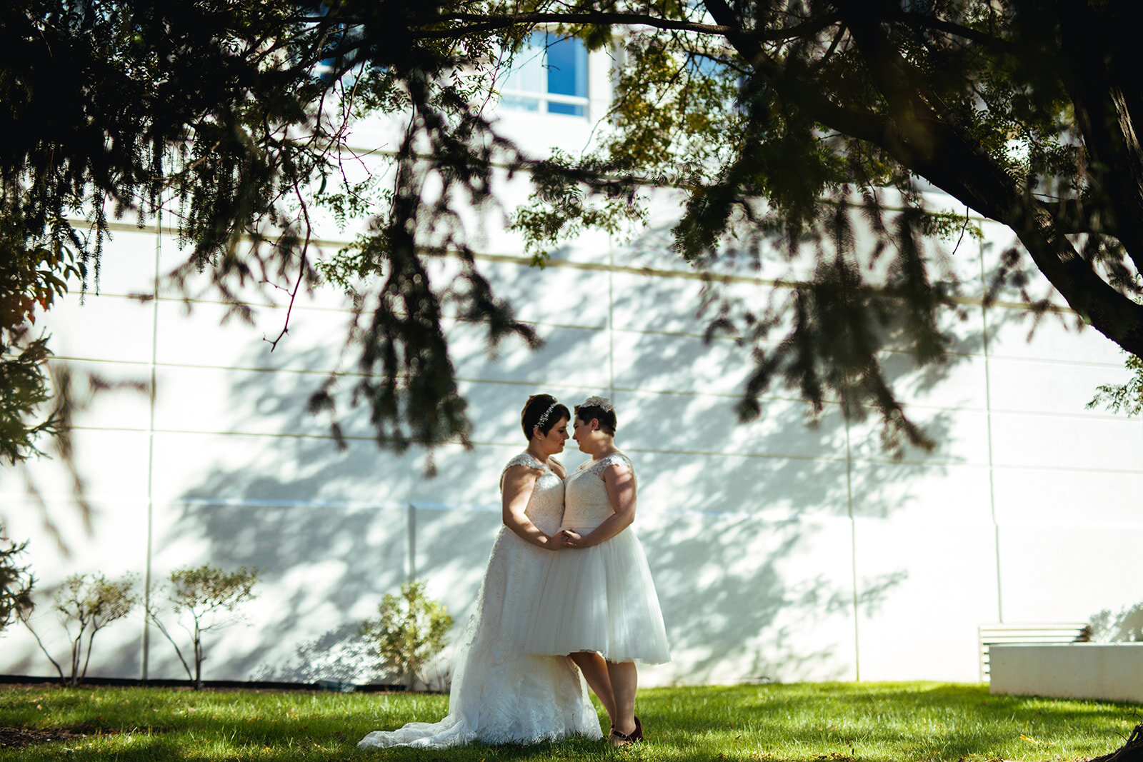 LGBTQ spouses lean in to kiss near DC Shawnee Custalow queer wedding photographer