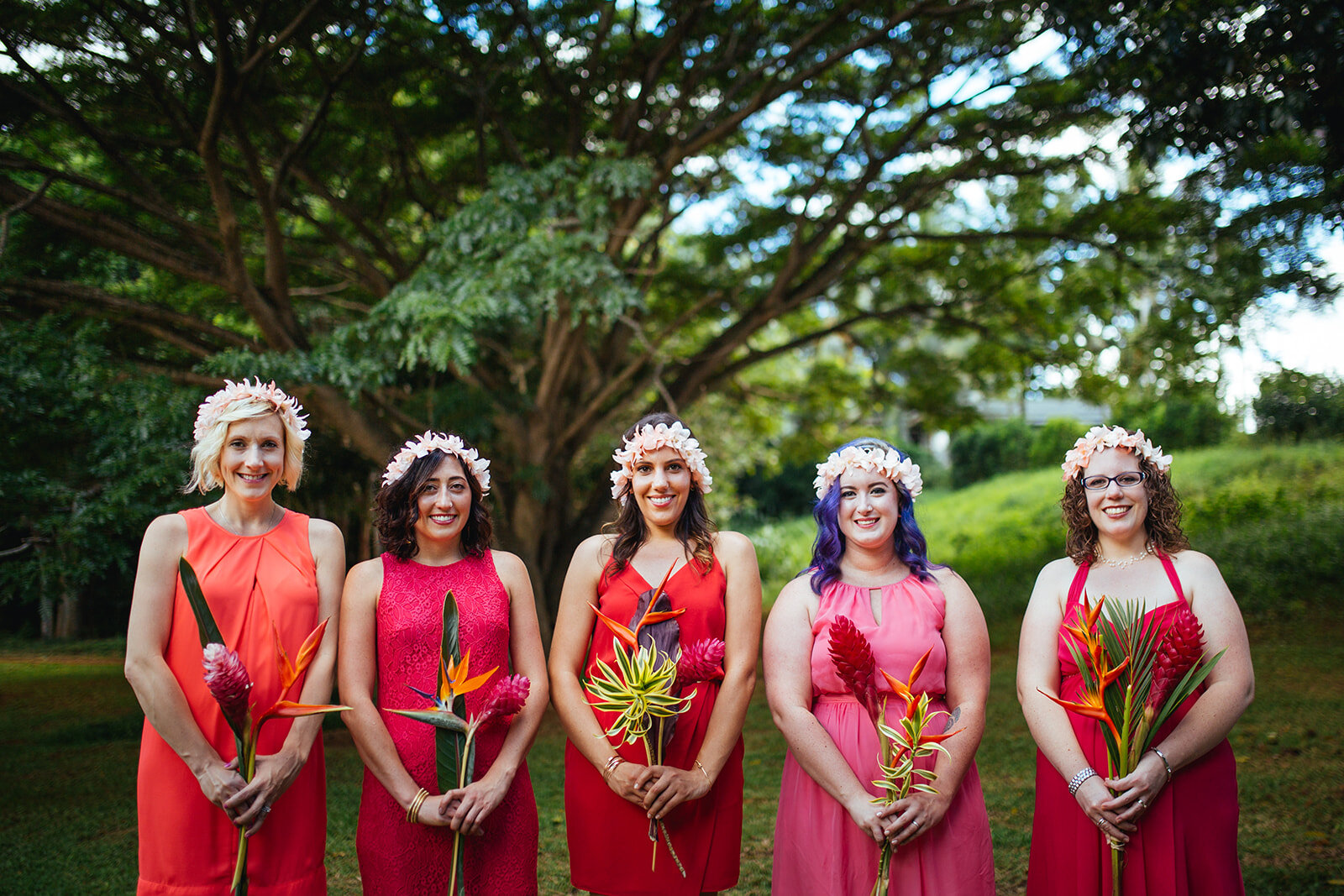 Bridesmaids with tropical bouquets in Kauai Hawaii Shawnee Custalow wedding photography