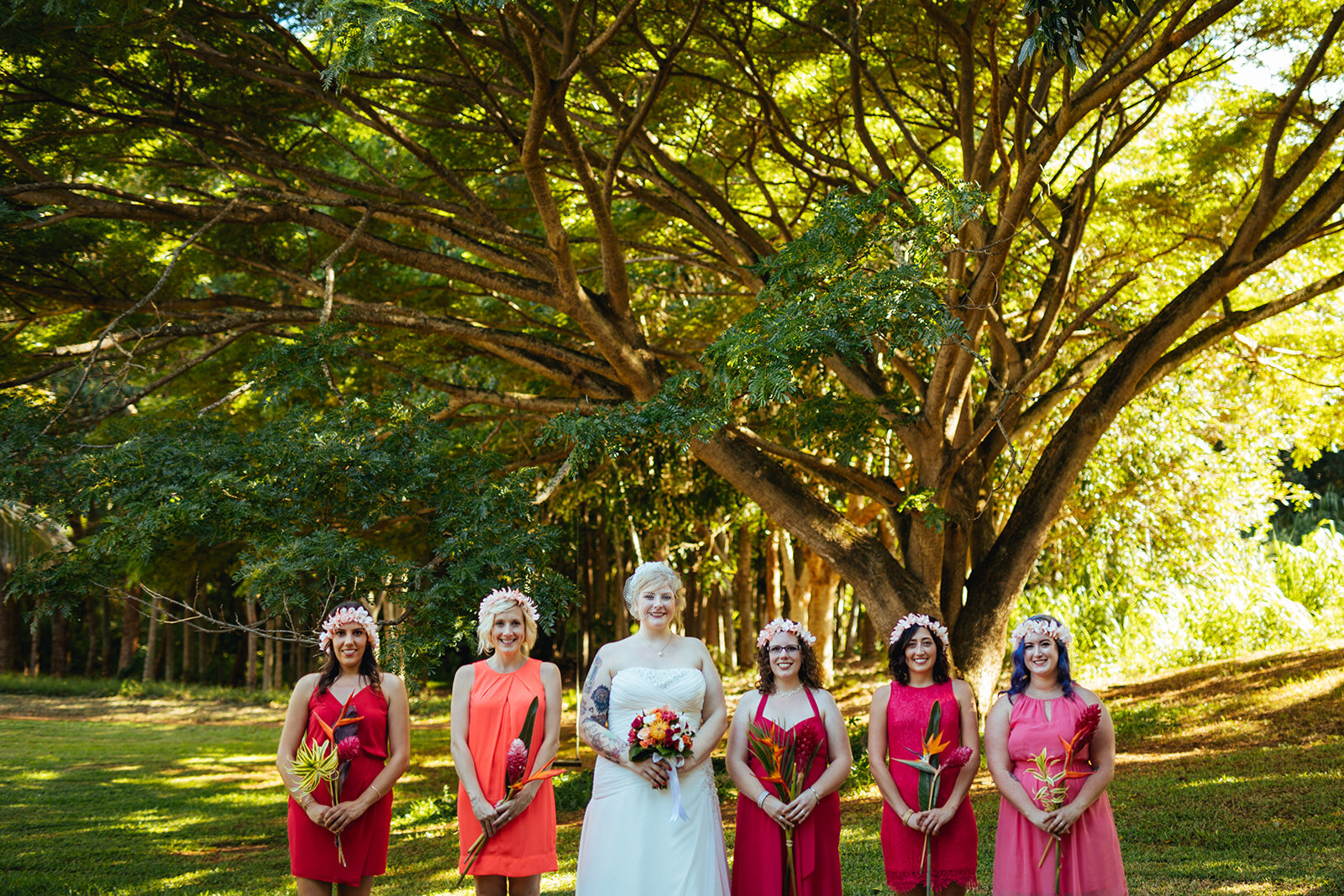 Bride with bridesmaids in Kauai Hawaii Shawnee Custalow wedding photography