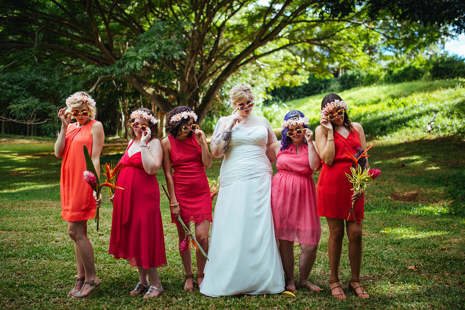 Bride with bridesmaids with sunglasses in Kauai Hawaii Shawnee Custalow photography