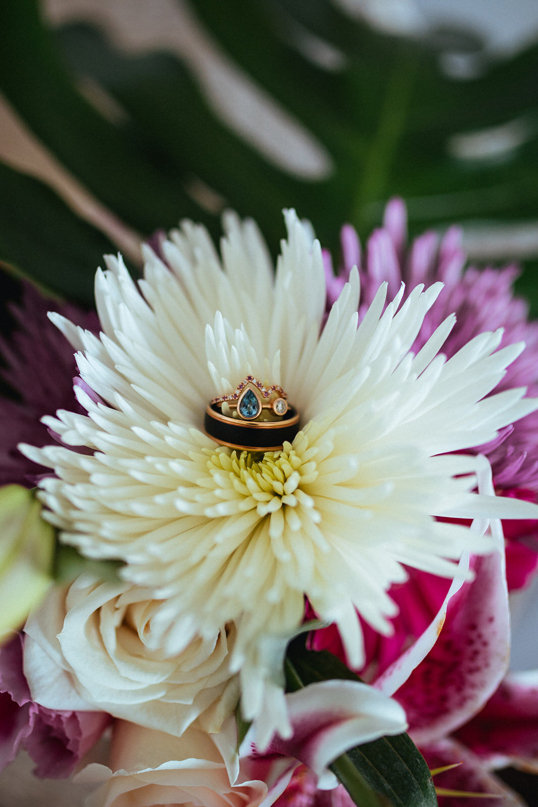 Wedding rings in a flower in SC Shawnee Custalow photography
