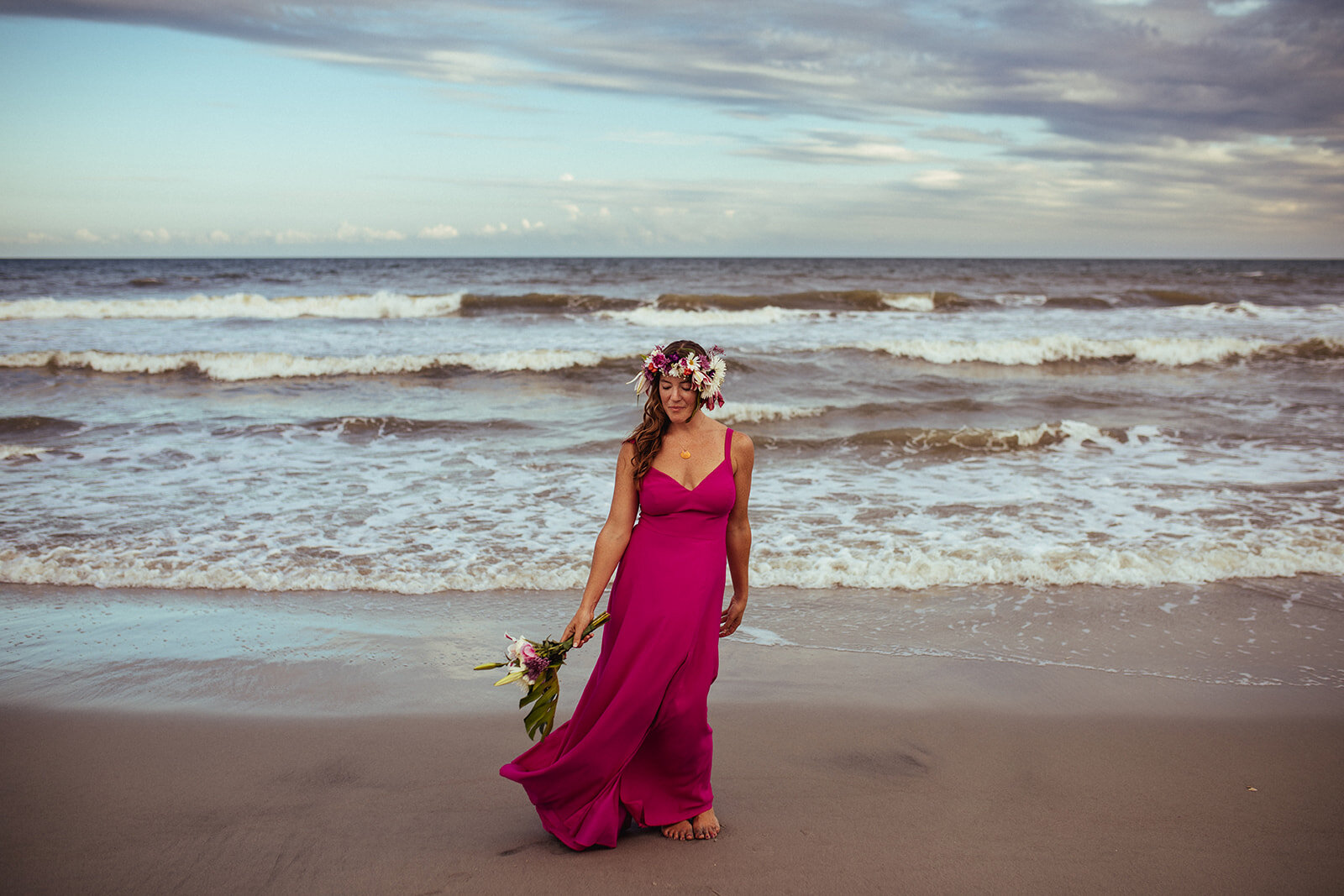 Bride in pink on Folly Beach SC Shawnee Custalow wedding photography