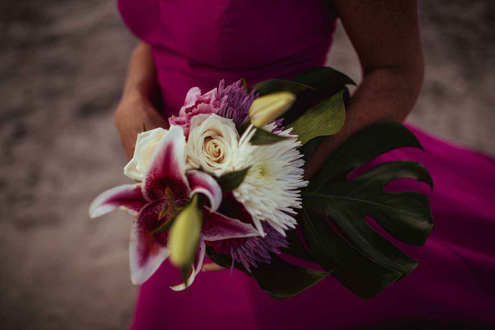 Newlywed with bouquet on Folly Beach SC Shawnee Custalow photography