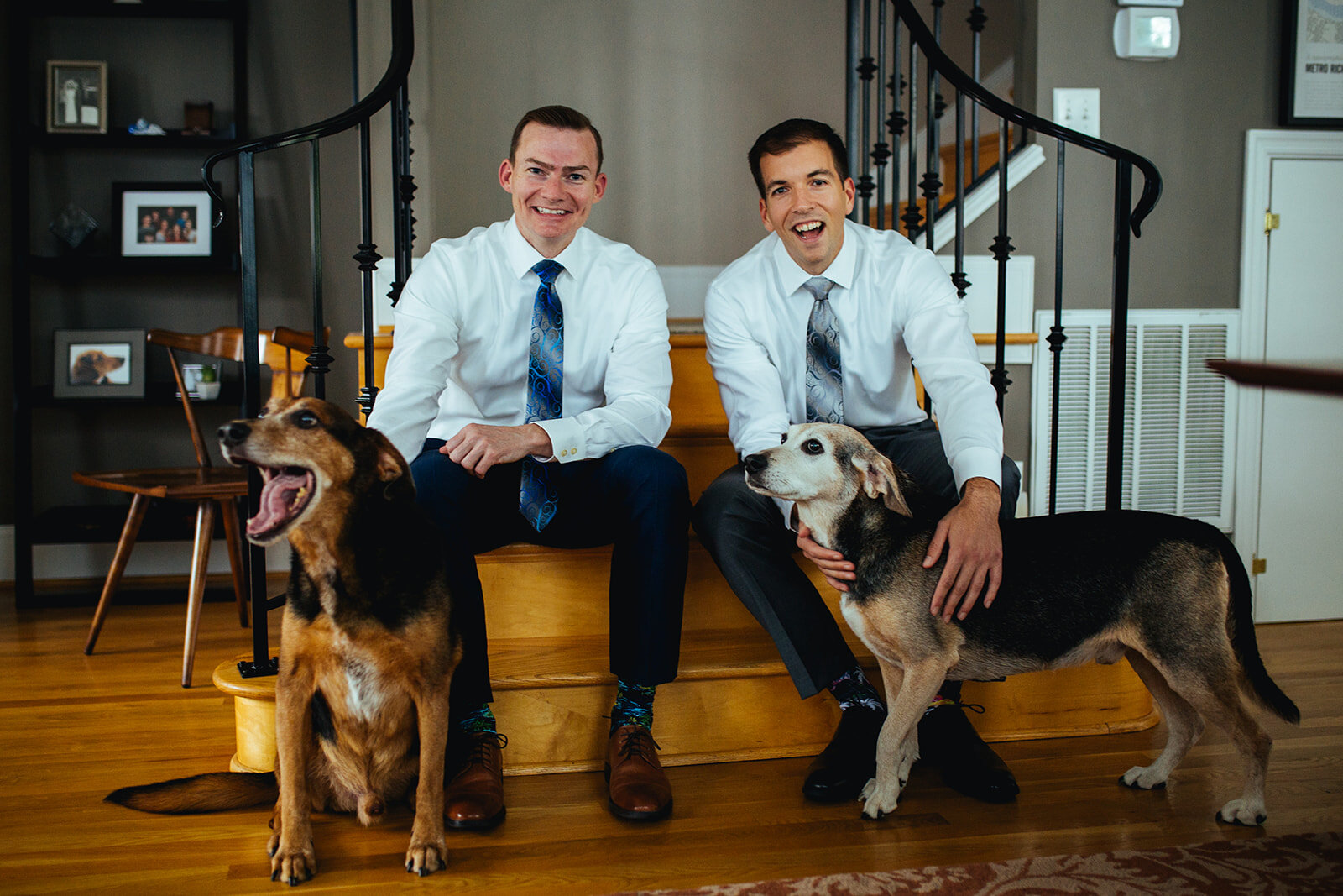 Future spouses with two pet dogs in Richmond VA home Shawnee Custalow photography