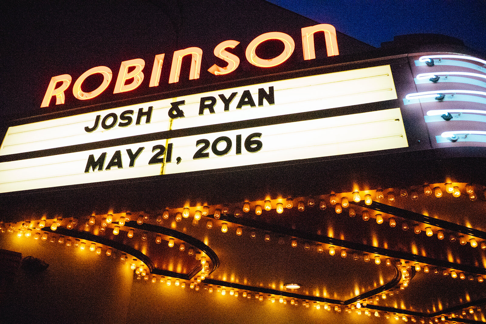 Robinson Theater sign with marrying couples names in RVA Shawnee Custalow photography