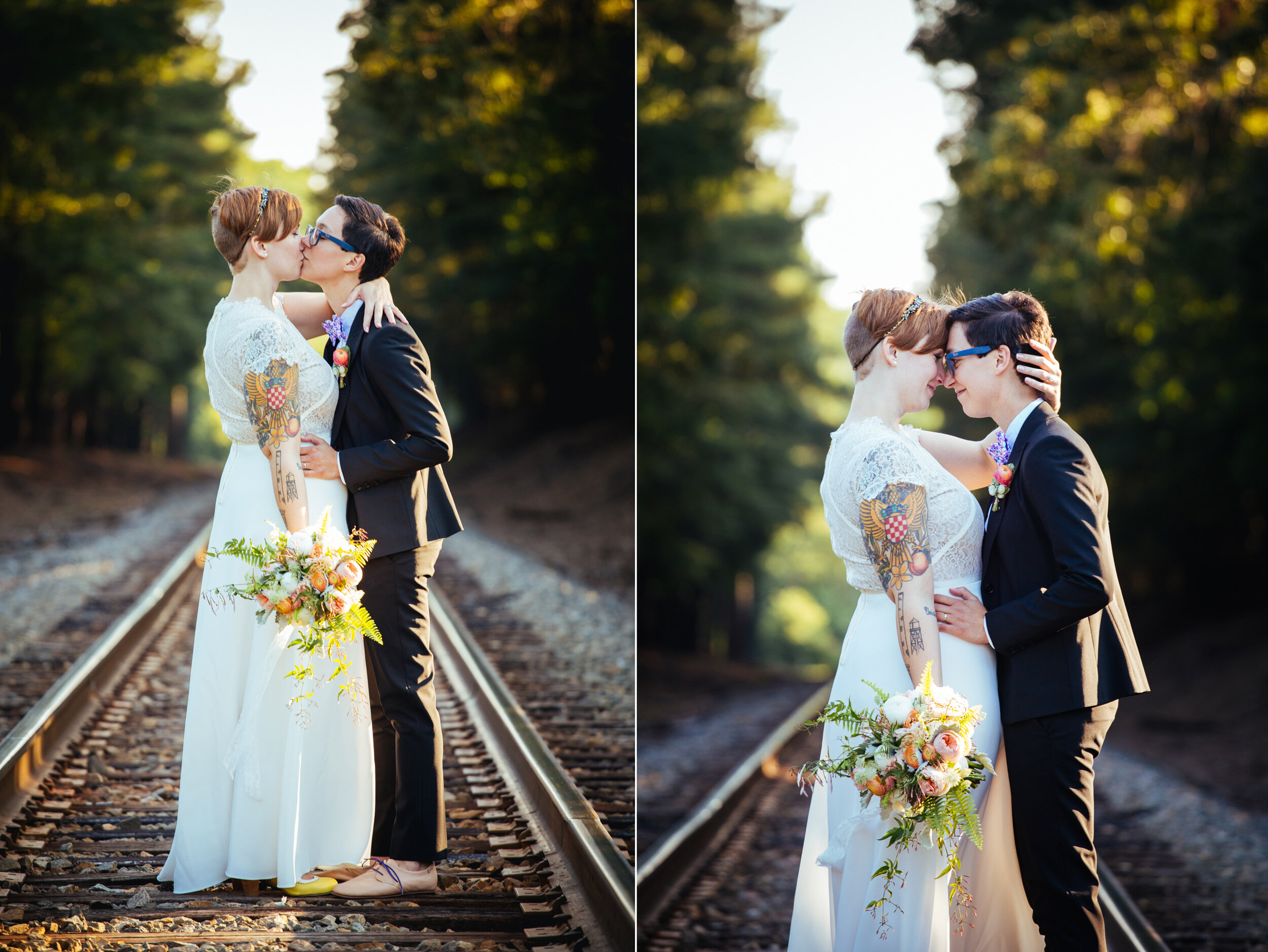 LGBTQ newlyweds kissing on train tracks in Richmond VA Shawnee Custalow wedding photography