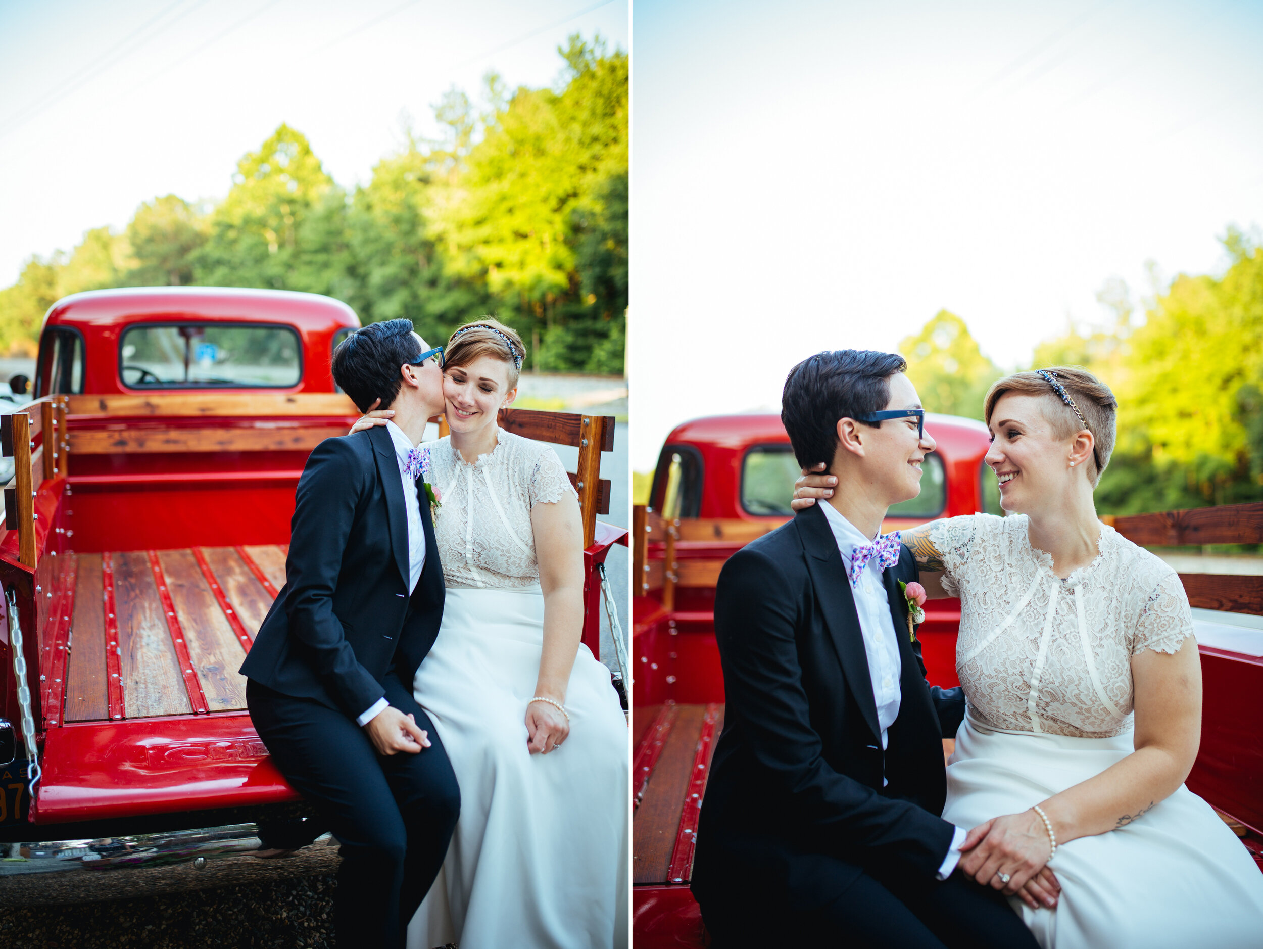 LGBTQ newlywed lean in to kiss on a red truck in RVA&nbsp;Shawnee Custalow photography