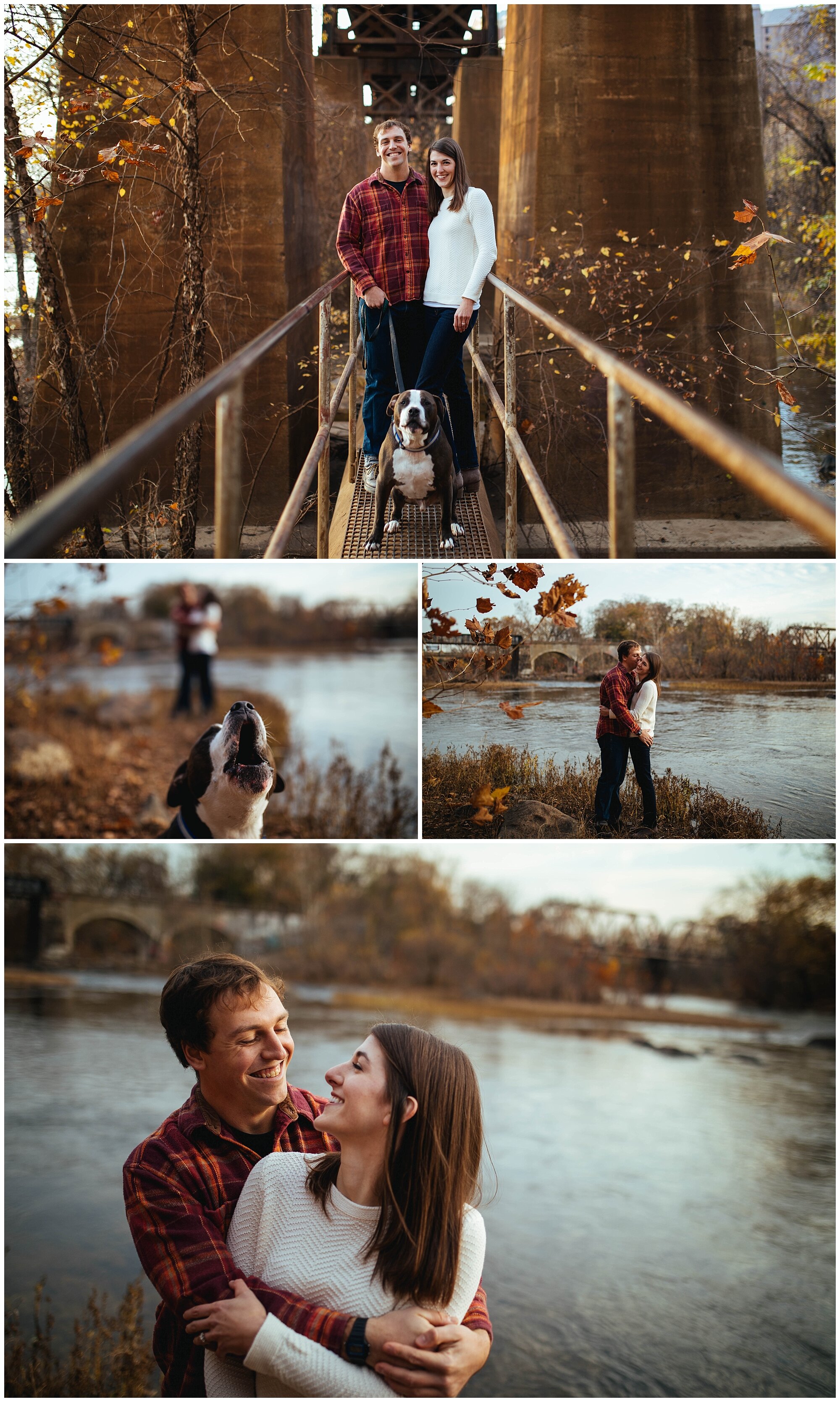 Photo collage of engaged couple and their ped dog by the James River RVA Shawnee Custalow