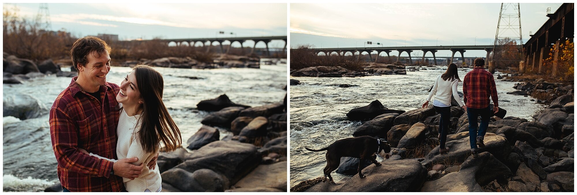 Engaged couple exploring the James River with pet dog RVA Shawnee Custalow photography