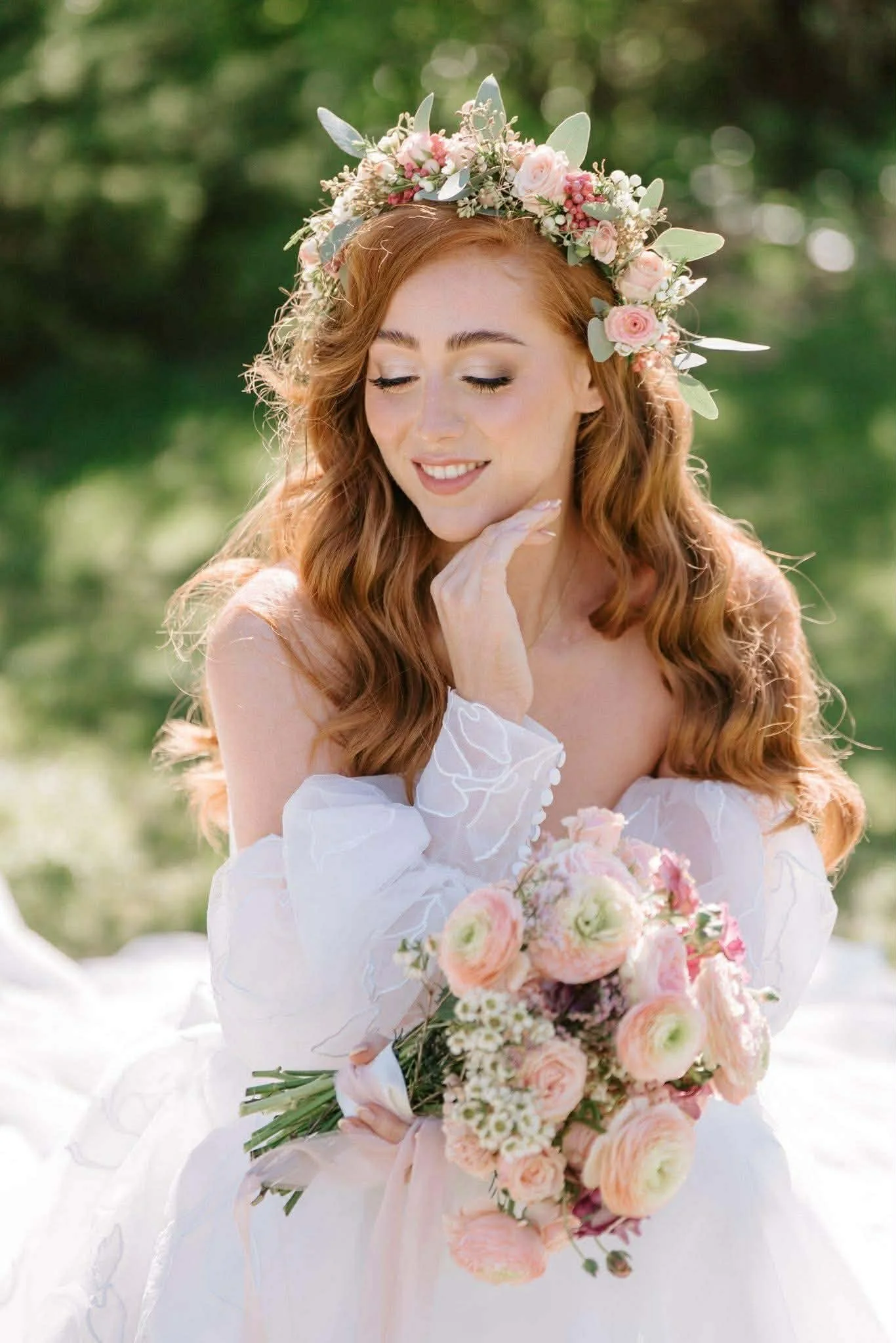Outdoor bridal makeup with soft natural finish and floral crown, created for a romantic wedding by a South Wales makeup artist